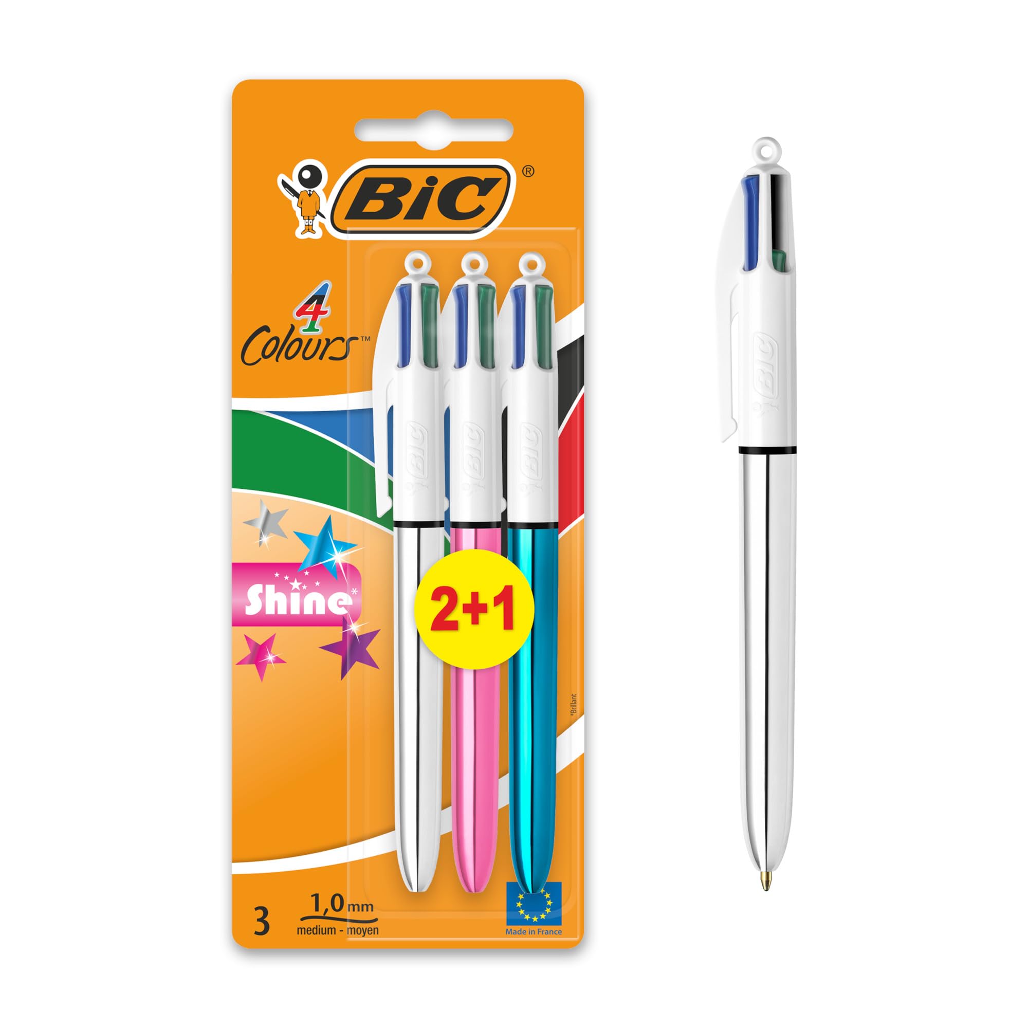 BIC 4 Colours Shine Ballpoint Pens - Medium 1.0mm Point | Metallic Barrels | Pack of 3