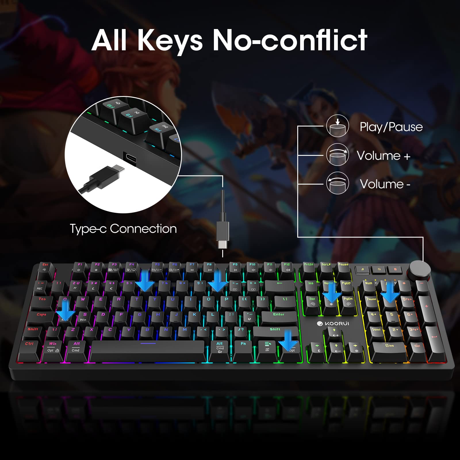 KOORUI MK104-BROWN Mechanical Gaming Keyboard – 104 Keys, 26 RGB Backlighting Effects, Pluggable Brown Switches, Anti-Ghosting, Wired for PC & Mac 4