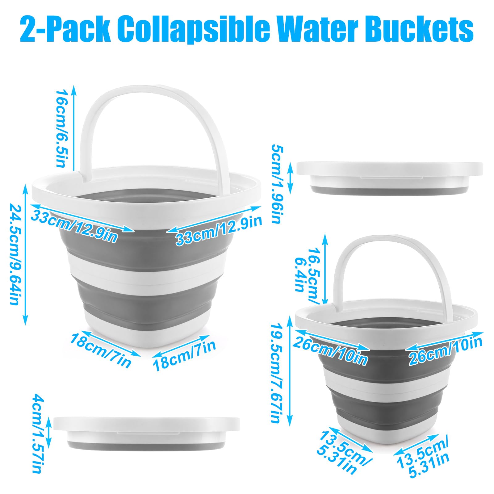 Lychico Collapsible Bucket 2-Pack - 10L & 5L Silicone Folding Water Buckets | Grey
