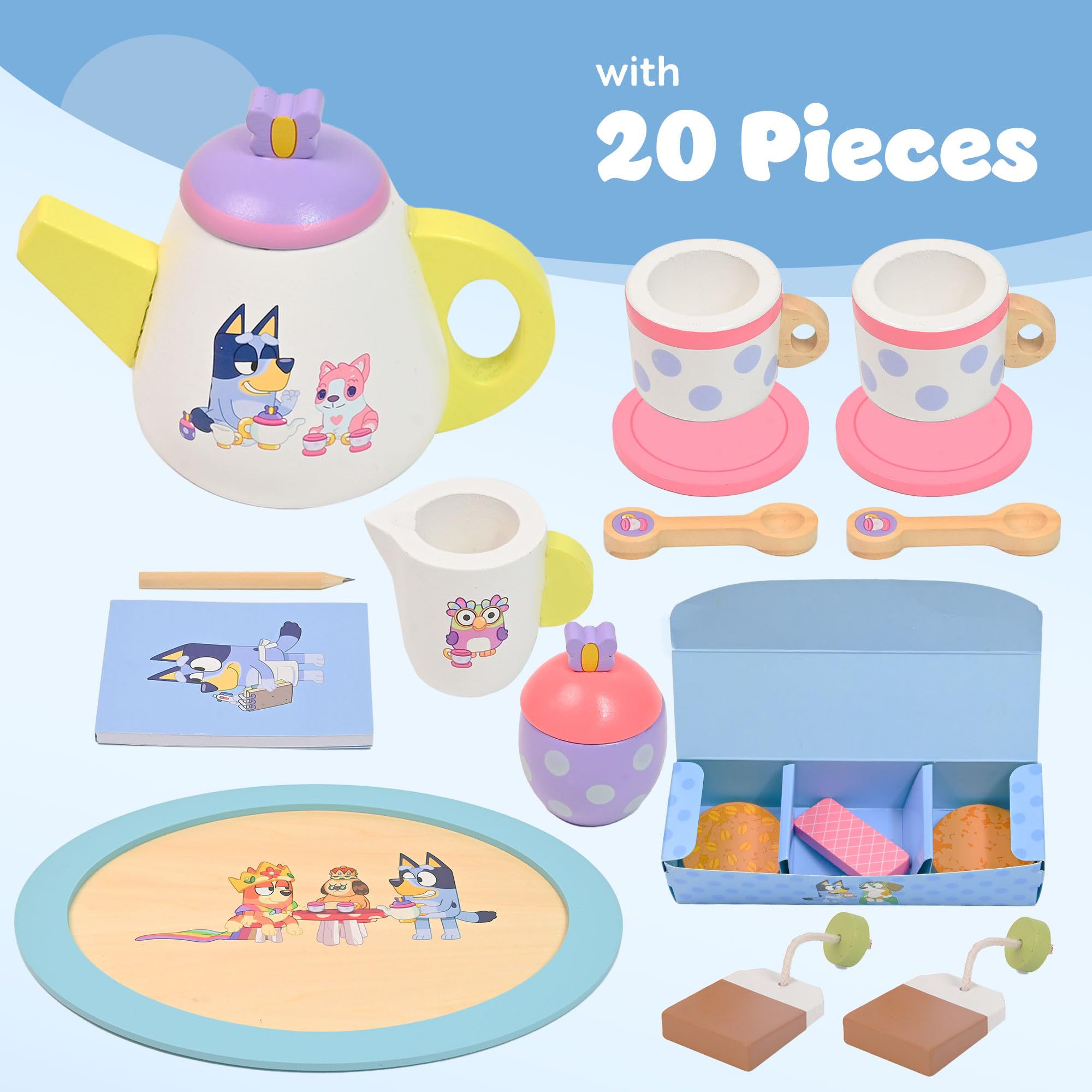 Bluey Wooden Tea Set - 20 Piece Pretend Play Toy for Kids Aged 3+