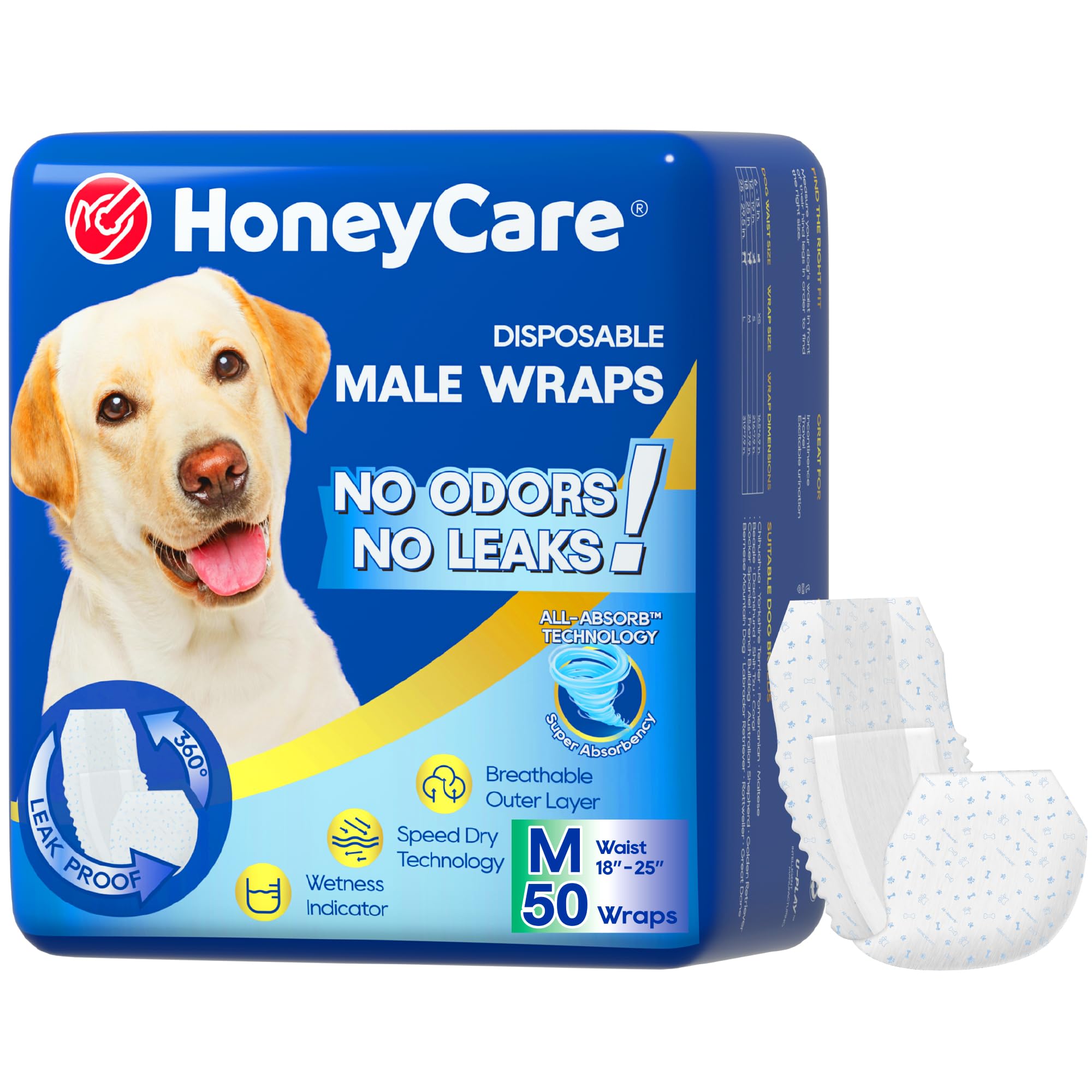 HONEY CARE All-Absorb Male Dog Wrap - Breathable, Leak-Proof | Medium, 50 Count