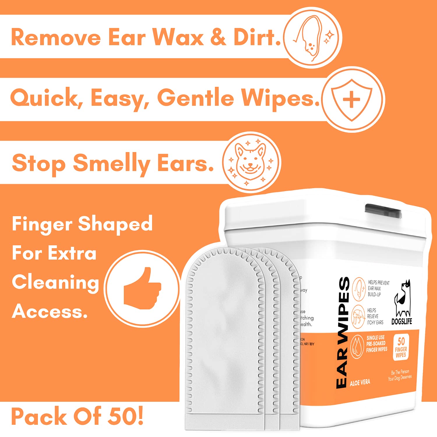 DogsLife Dog Ear Wipes - 50 Count Pack for Wax, Dirt & Itch Relief | Aloe Vera Formula 2