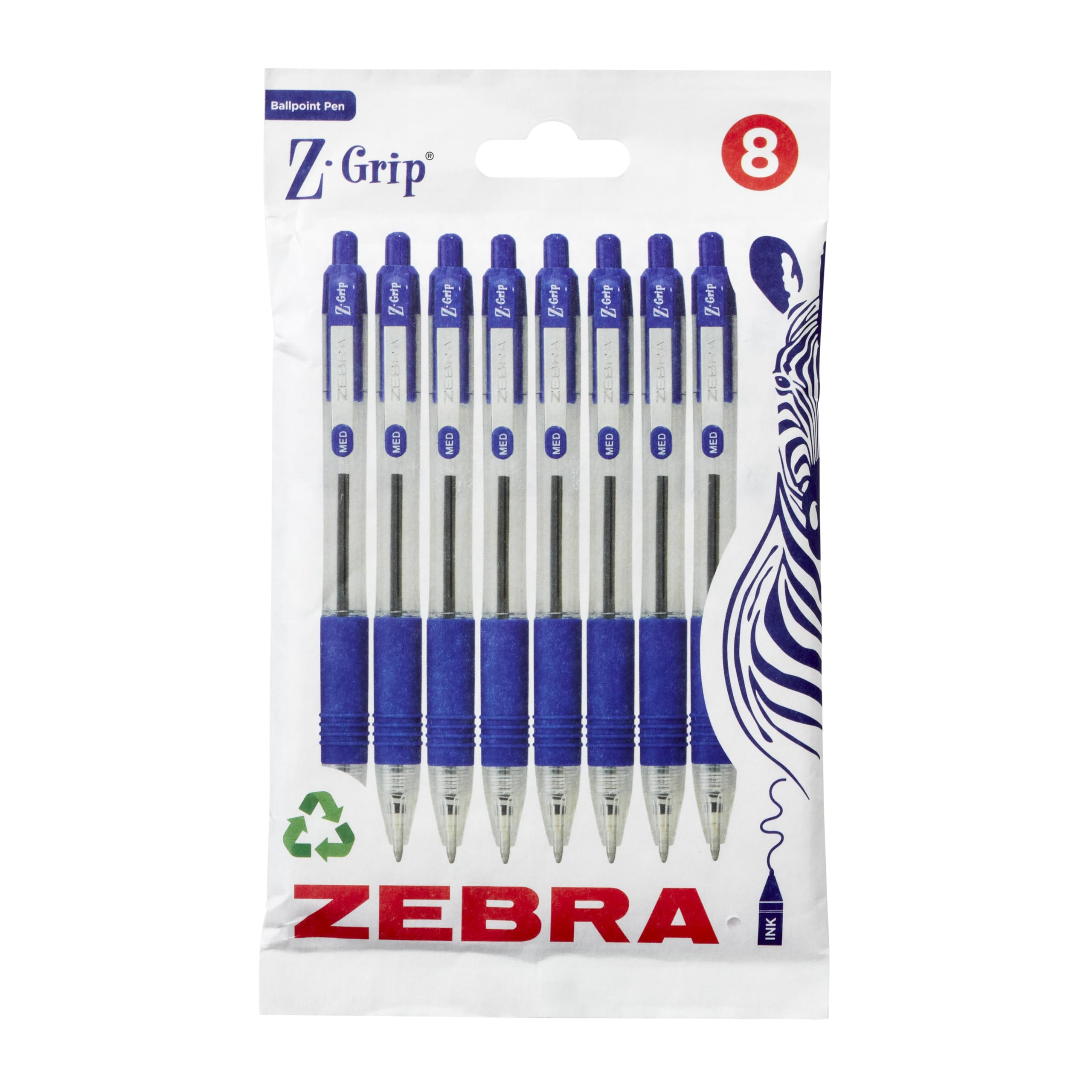 Zebra Pen Z Grip Retractable Ballpoint Pens - Blue Ink, Comfort Grip, Pocket Clip | 8 Pack