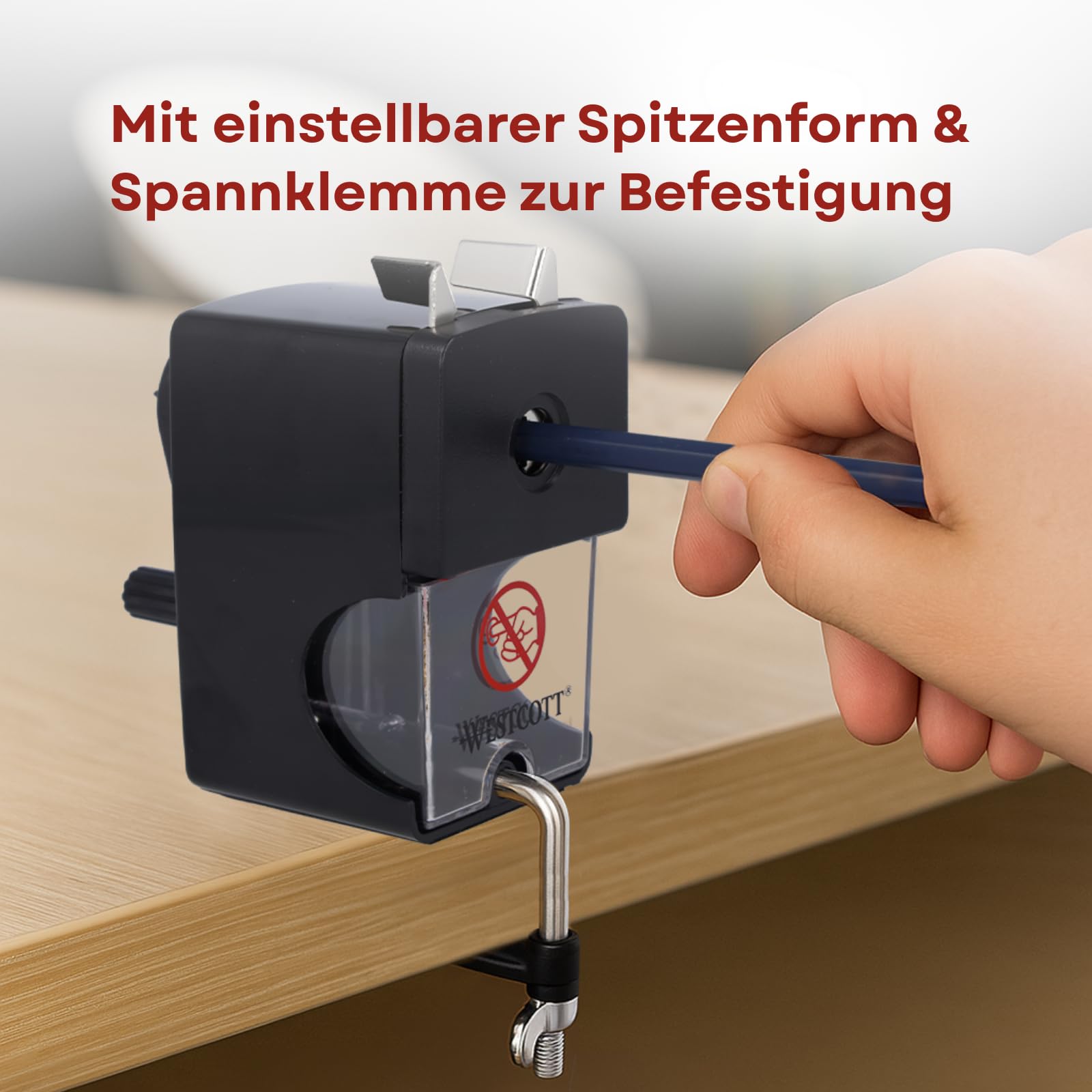 Westcott Manual Pencil Sharpener - Black, Table Clamp Fixture | Fits 7-12mm Pencils | Plastic Metal 5