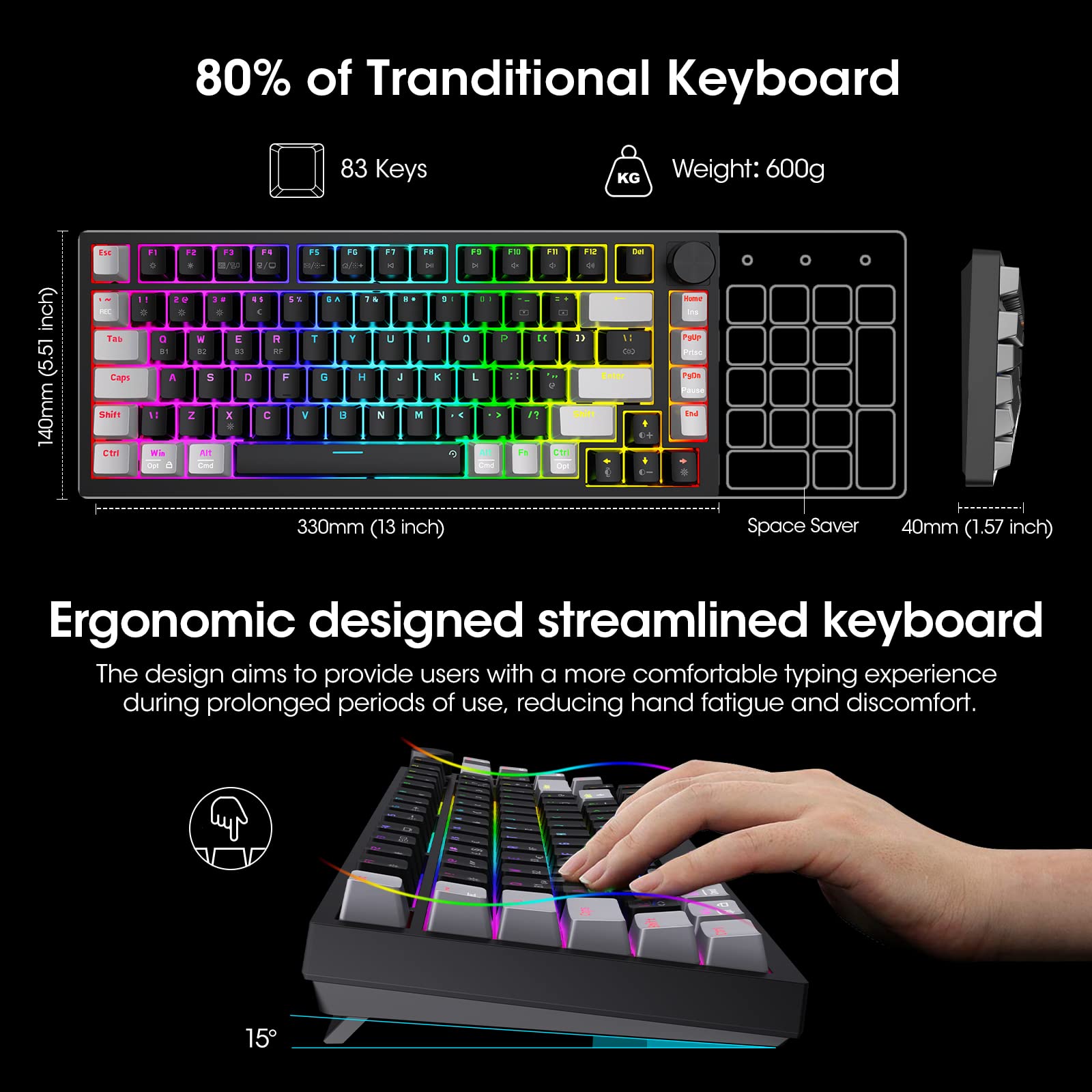 KOORUI MK082 82-Key Mechanical Gaming Keyboard - RGB Backlit, Wireless/Wired, 3-Mode Connectivity 11