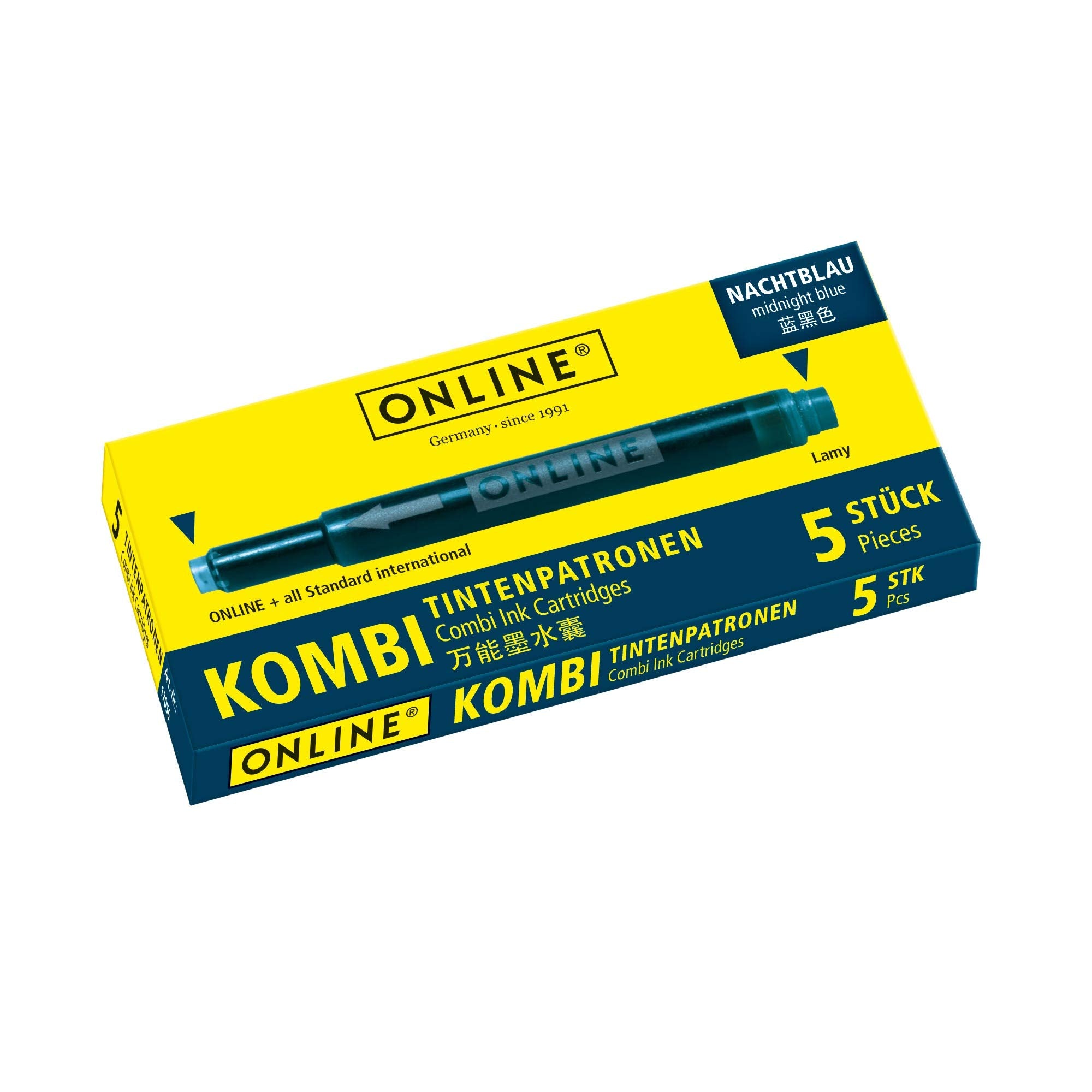 Online Universal Double-Sided Fountain Pen Ink Cartridges - 5 Pack, Nightblue | Compatible with Lamy 1
