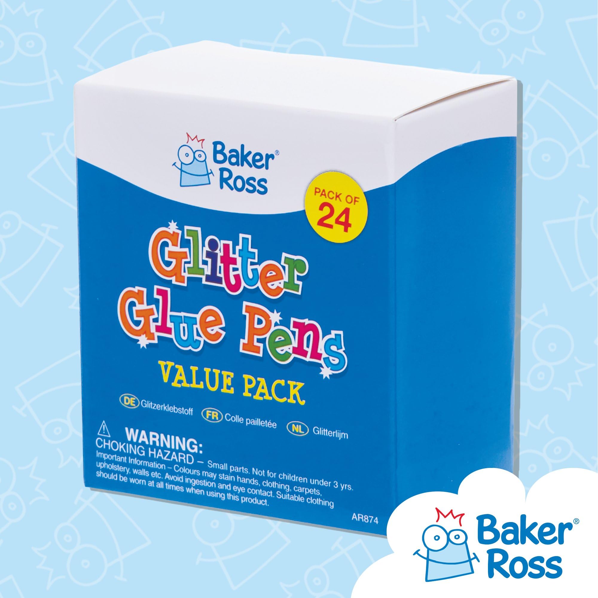 Baker Ross Glitter Glue Pens - 24 Pack Assorted Colours for Kids Arts & Crafts | 10ml Tubes 5