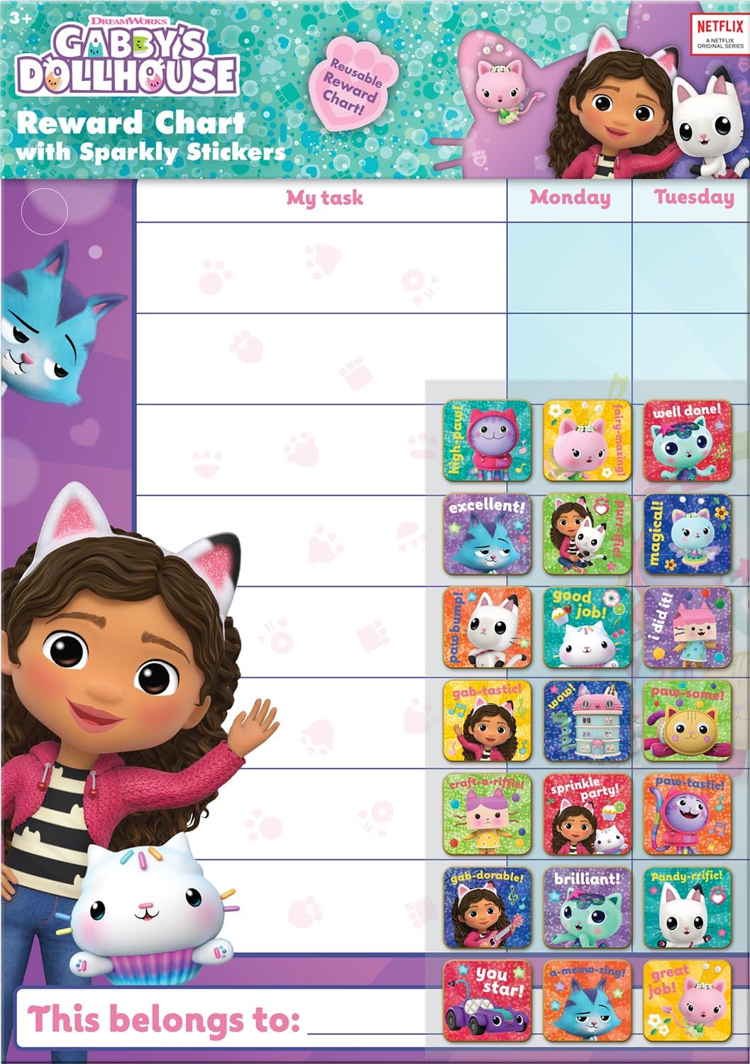 Gabby's Dollhouse Everyday Reward Chart with 56 Sparkly Stickers - Educational Behaviour Reward for Kids