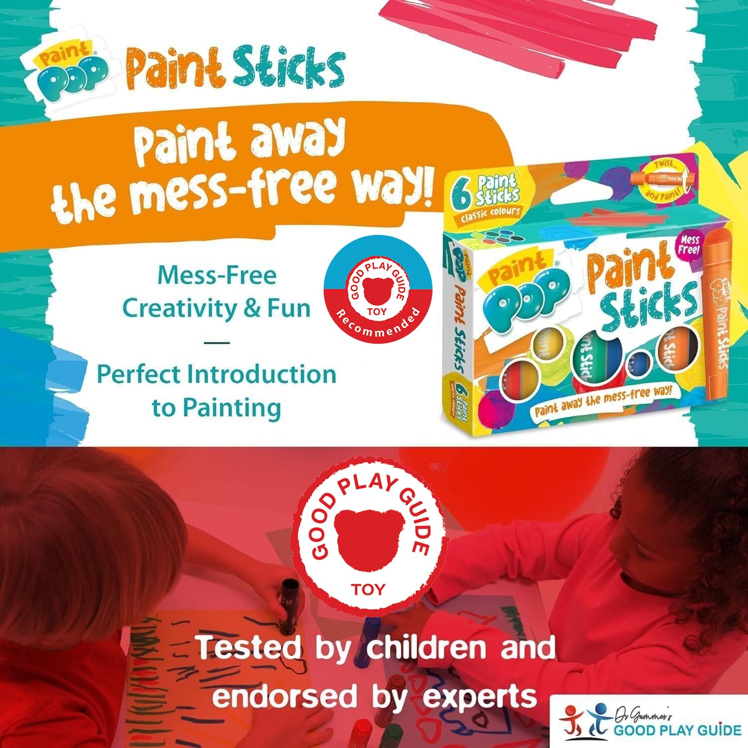 Paint Pop Paint Sticks for Kids - 6 Pack Classic Assorted Colours | Twist & Paint | Fast Drying
