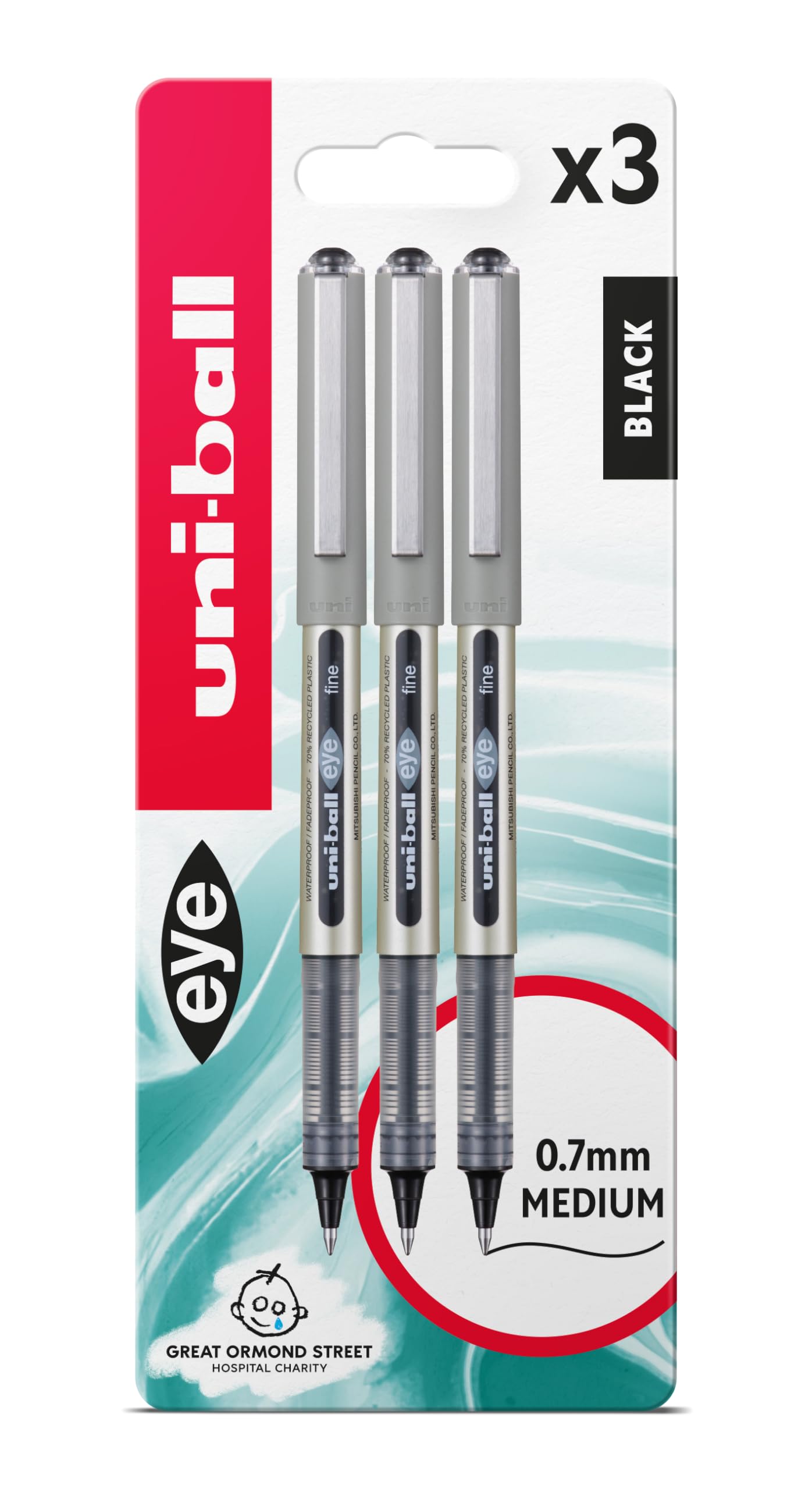 uni-ball Eye Rollerball Pen - 0.7mm Fine Tip, Black Ink | Liquid Ink | Pack of 3