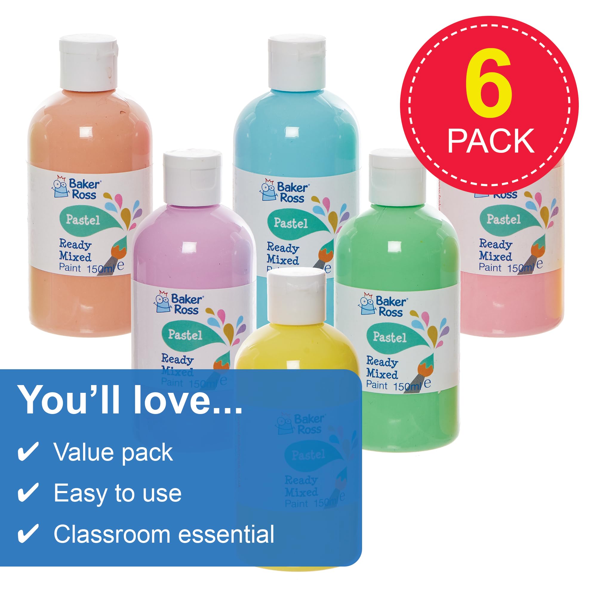 Baker Ross FN240 Pastel Ready Mixed Poster Paint Pack - 6 x 150ml Bottles