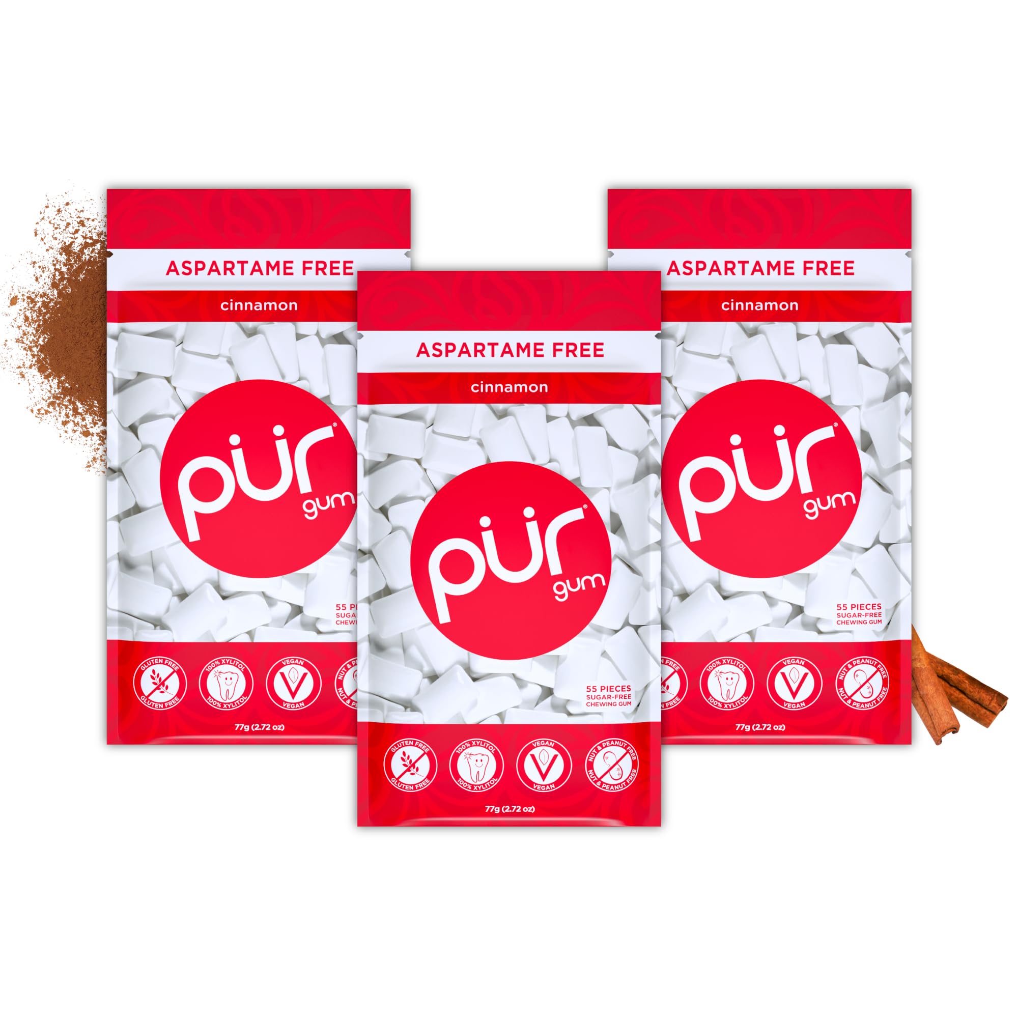 PUR Gum Sugar Free Chewing Gum, Natural Cinnamon Flavor, Xylitol Sweetened, 55 Count (3 Pack)