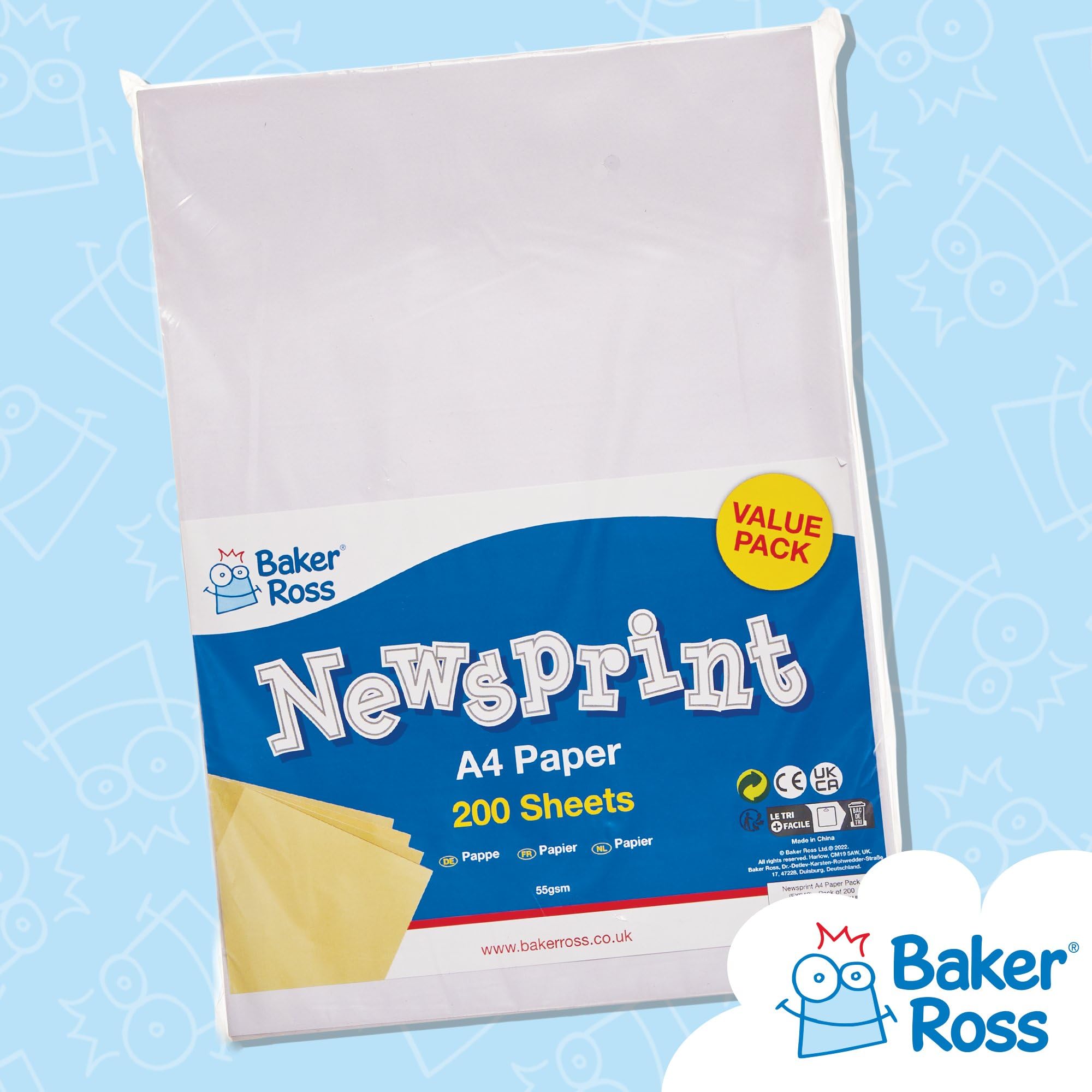 Baker Ross Newsprint Paper Pack - 200 A4 Sheets for Crafting and Wrapping | 55gsm 6