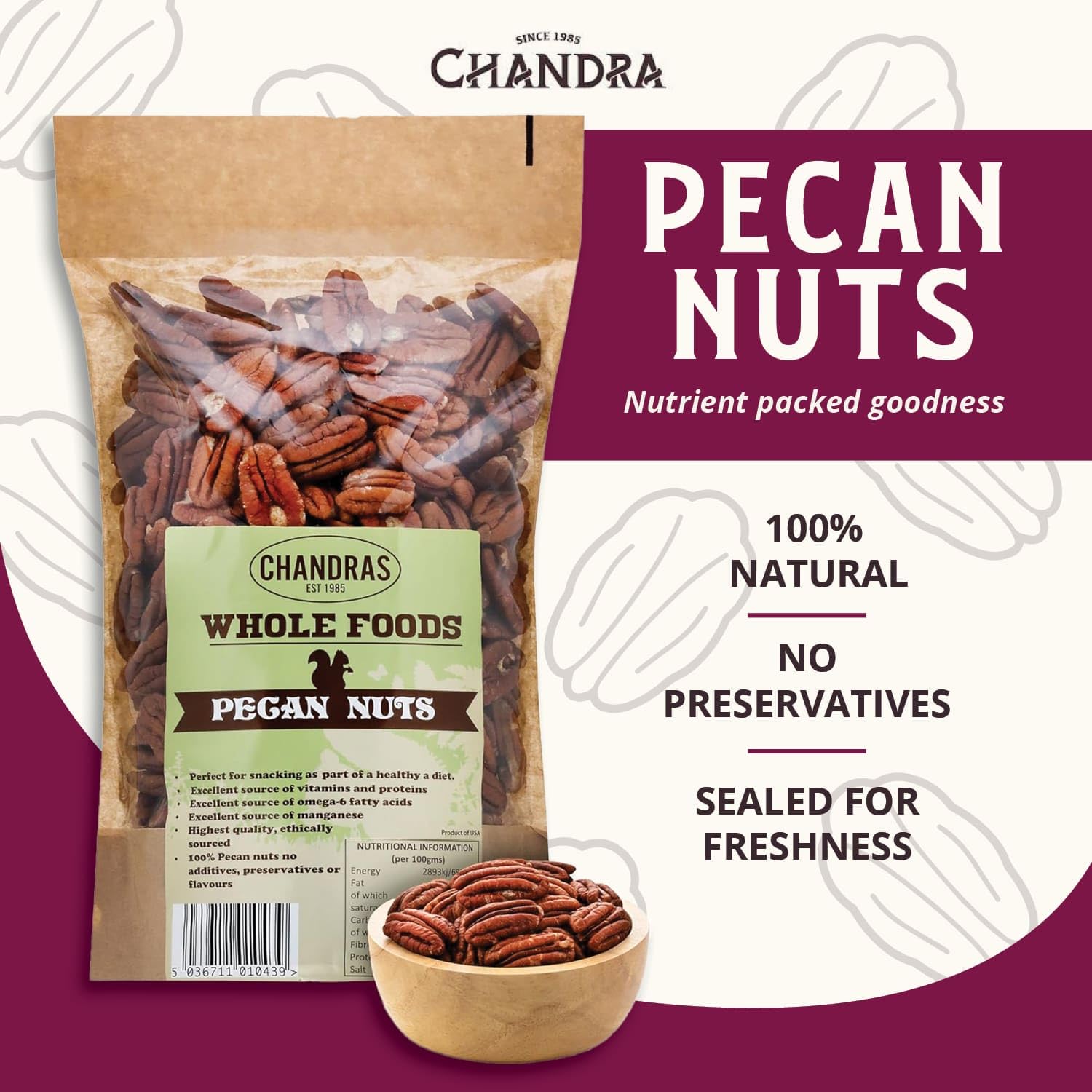 CHANDRA Pecan Nuts - 1kg Bag | Whole, Raw, Gluten-Free, Keto-Friendly