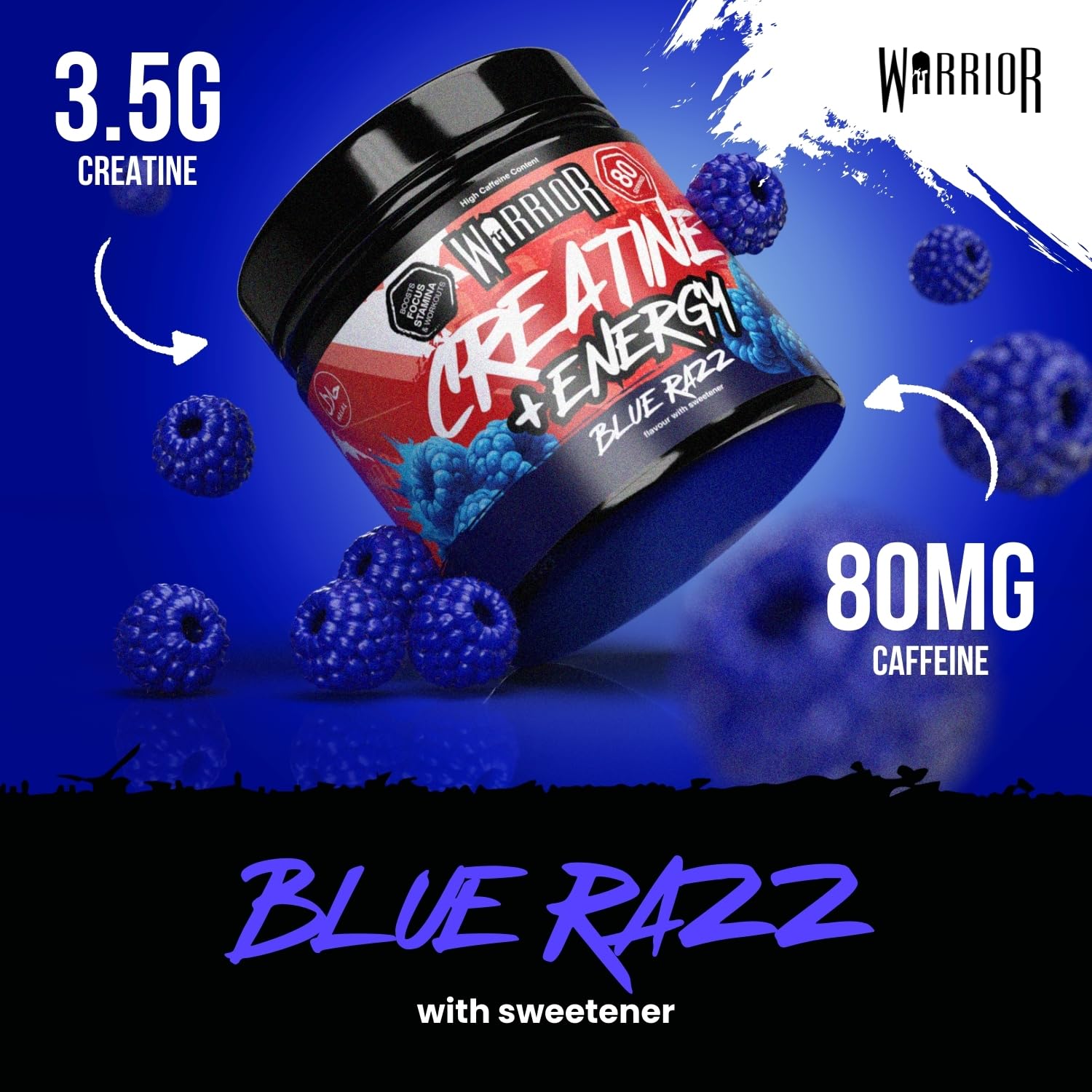 Warrior Creatine Monohydrate Powder + Energy - 360g, 80 Servings | Raspberry 2