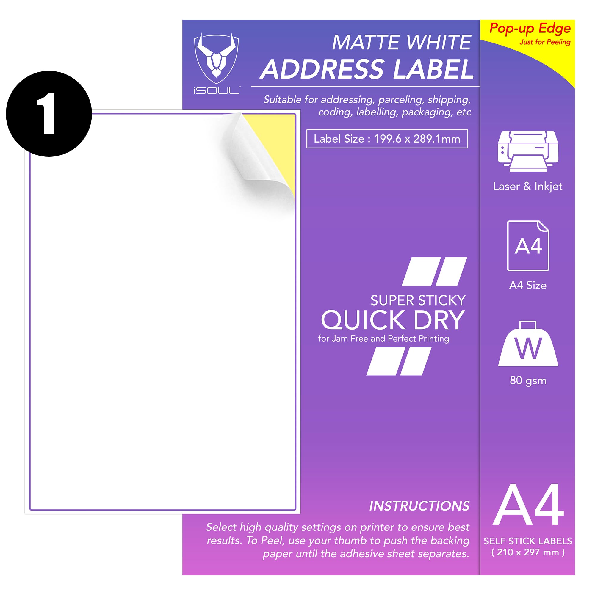 iSOUL A4 Printer Labels - 100 Sheets White Matte Self-Adhesive Full Sheets 1