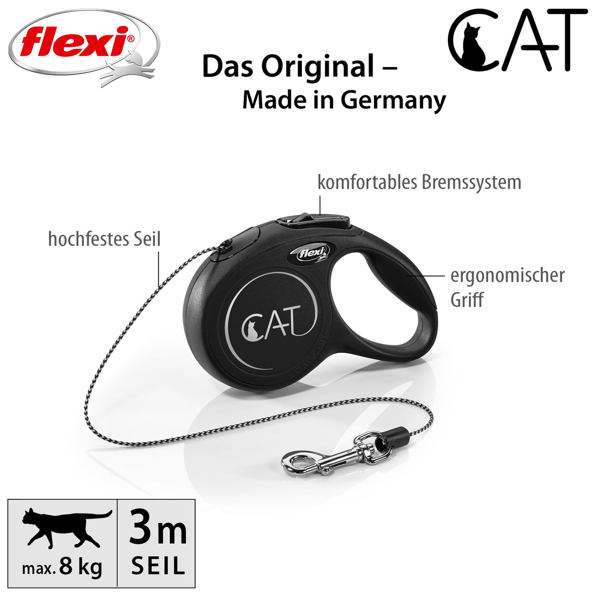 flexi Classic Cord Cat Lead - Black XS 3m Retractable Cat Lead