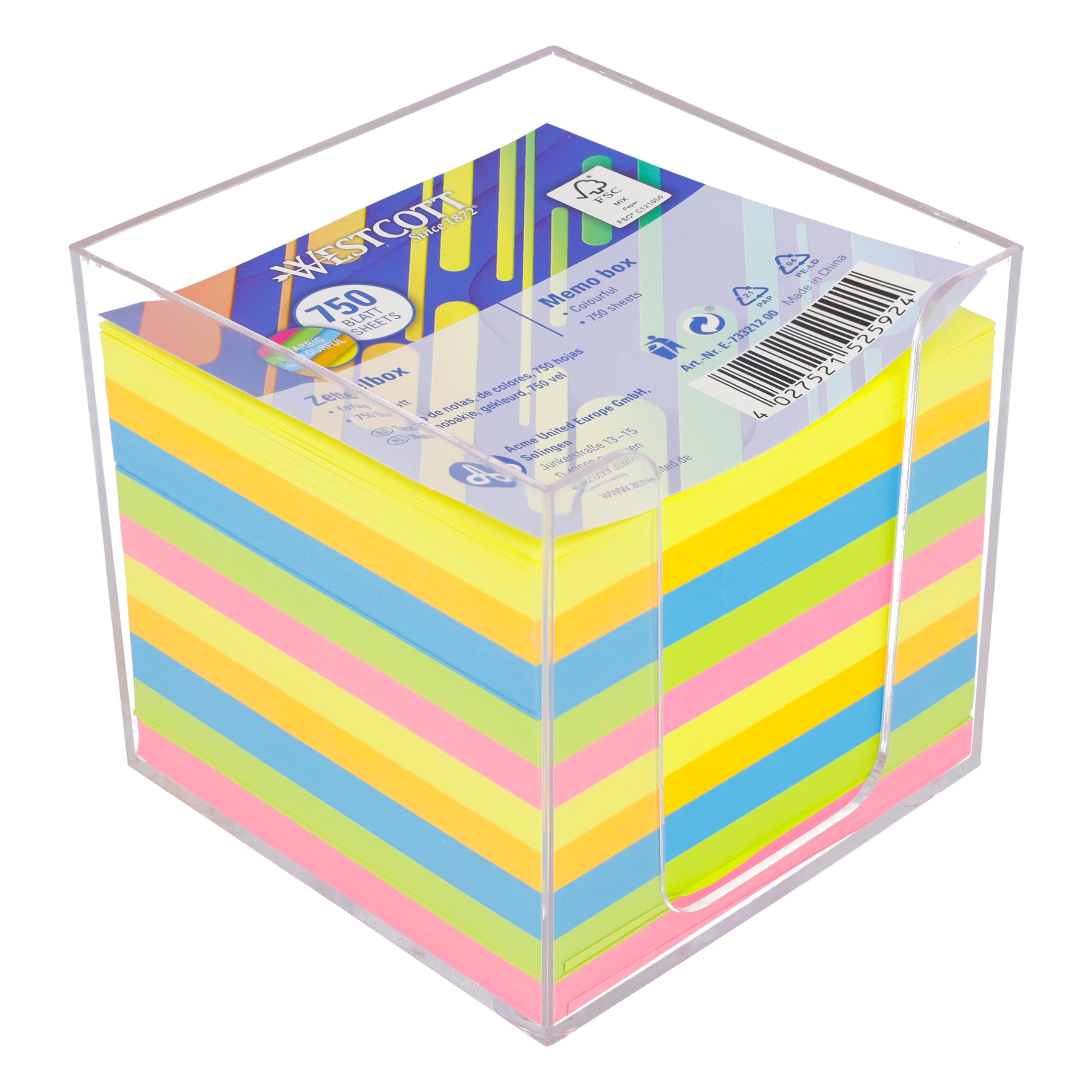 Westcott Desktop Notepad Holder - 750 Colourful Sheets | 9 x 9 cm Memo Block | FSC Certified Paper