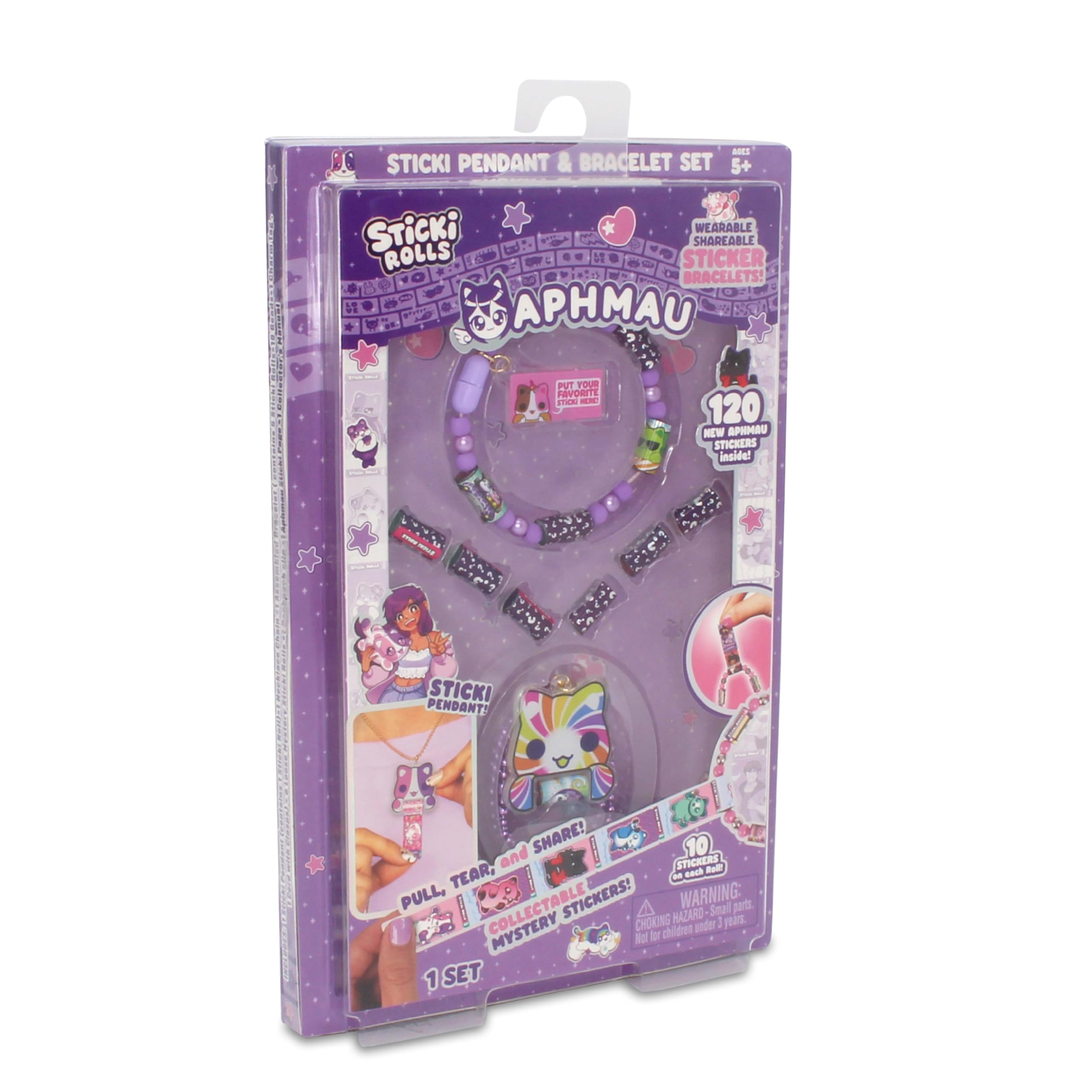 Sticki Rolls x Aphmau Pendant & Bracelet Set - Holographic Cat Sticker Dispenser with 120 Kawaii Foil Stickers 1