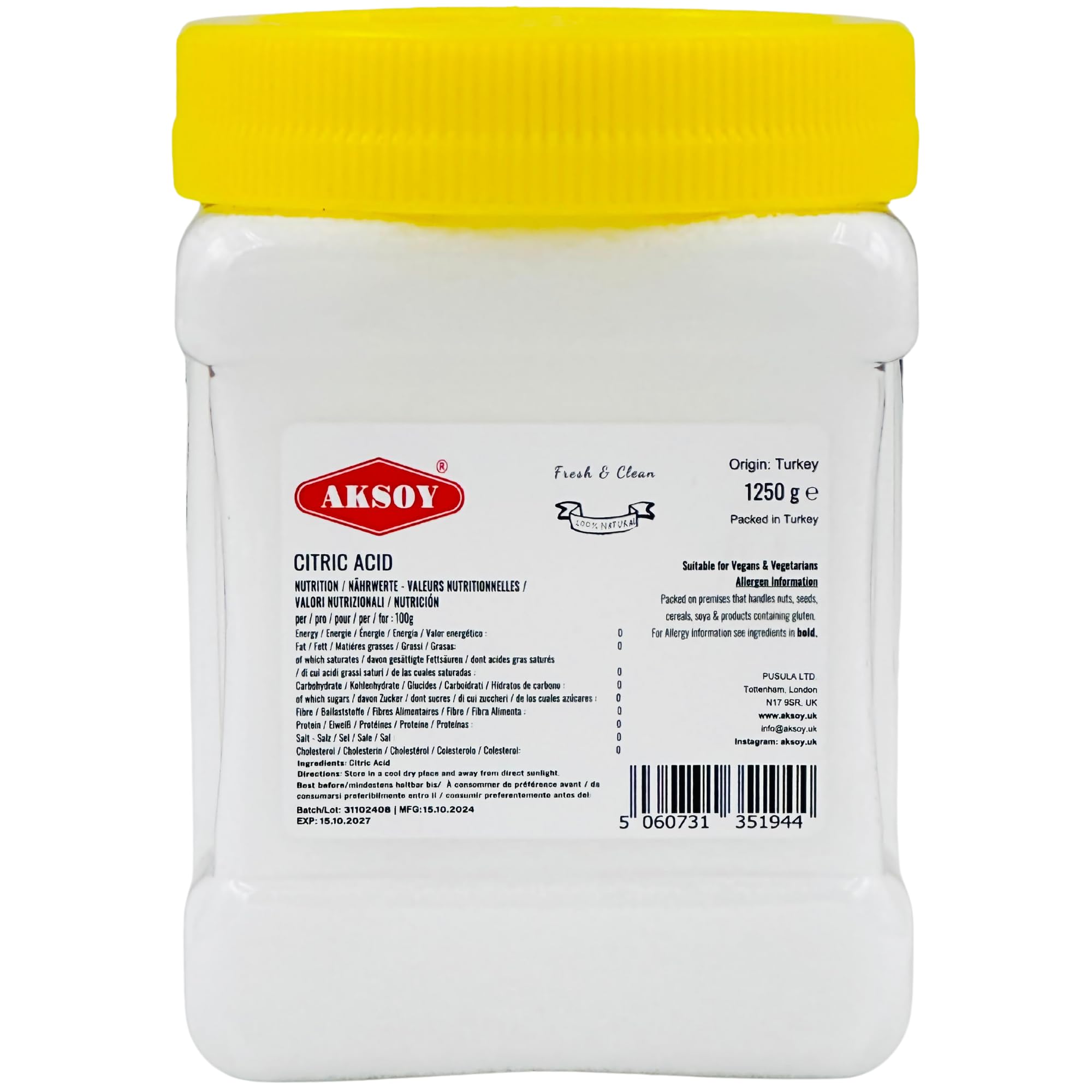 AKSOY Citric Acid Food Grade - 1.25KG Powder | Non-GMO De-Scaler & Cleaner 1