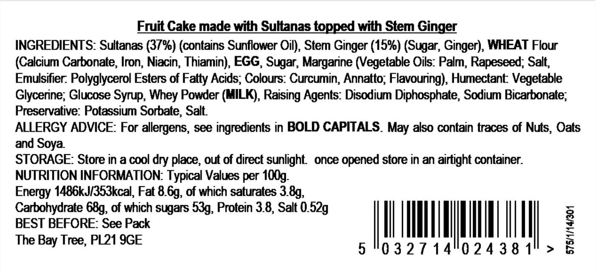 The Bay Tree Stem Ginger Topped Fruit Cake - 310g | Moist & Flavourful | Handmade in UK