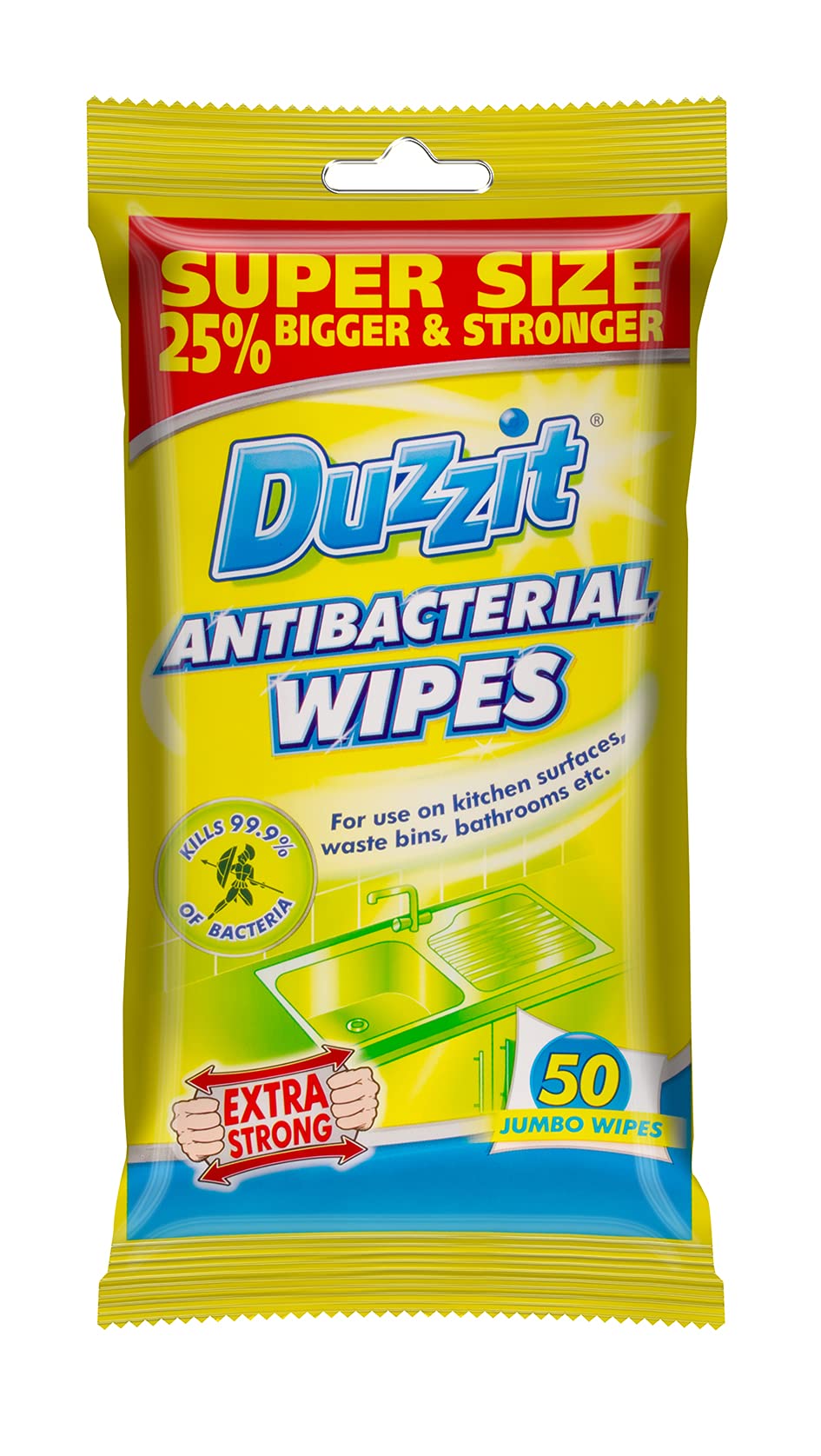 Duzzit Antibacterial Wipes - Kills 99.9% of Bacteria | Unscented | 50 Count Pack