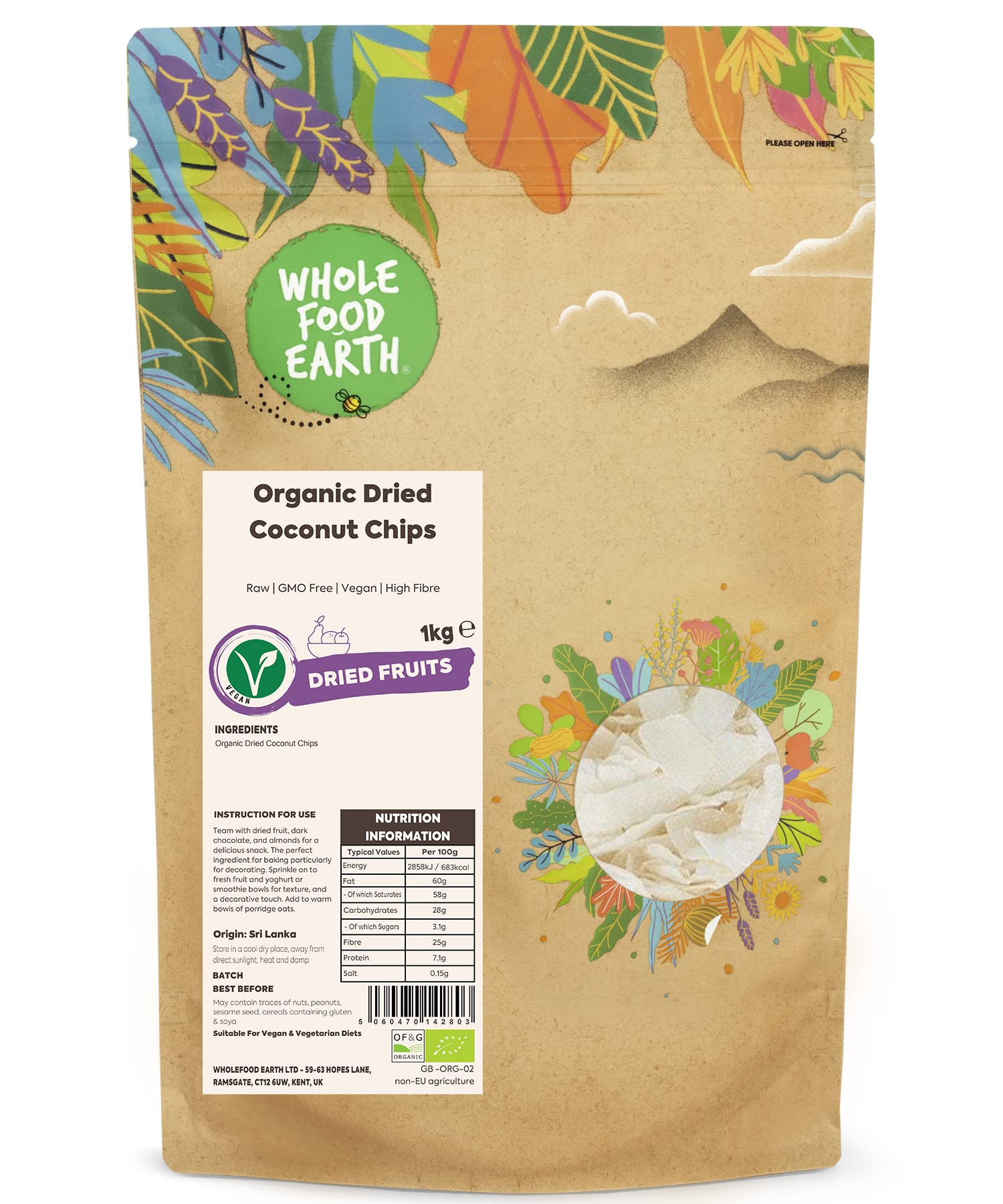 Wholefood Earth Organic Dried Coconut Chips - 1 kg Raw Vegan Snack | 5-Star Hygiene Rated 1