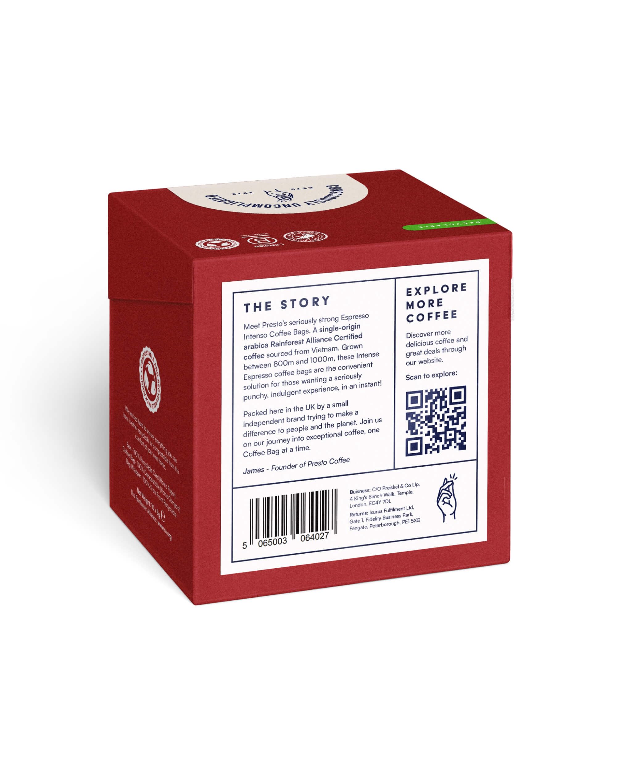 Presto Coffee Espresso Intenso Ground Coffee Bags - Dark Roast, 10 Count, 80g 2