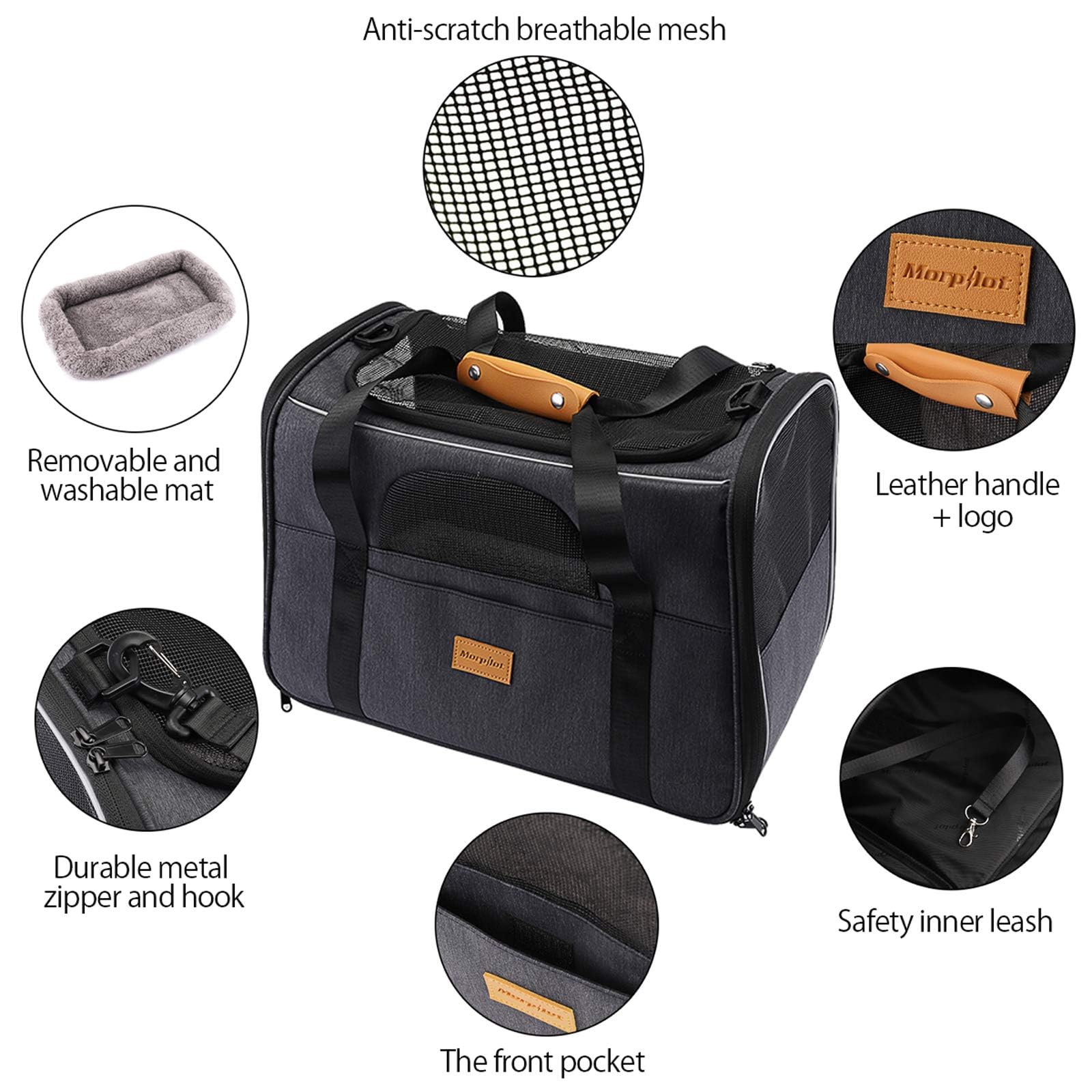 morpilot Airline Approved Soft-Sided Pet Carrier - Grey | 47x32x36 cm | Up to 9kg 2