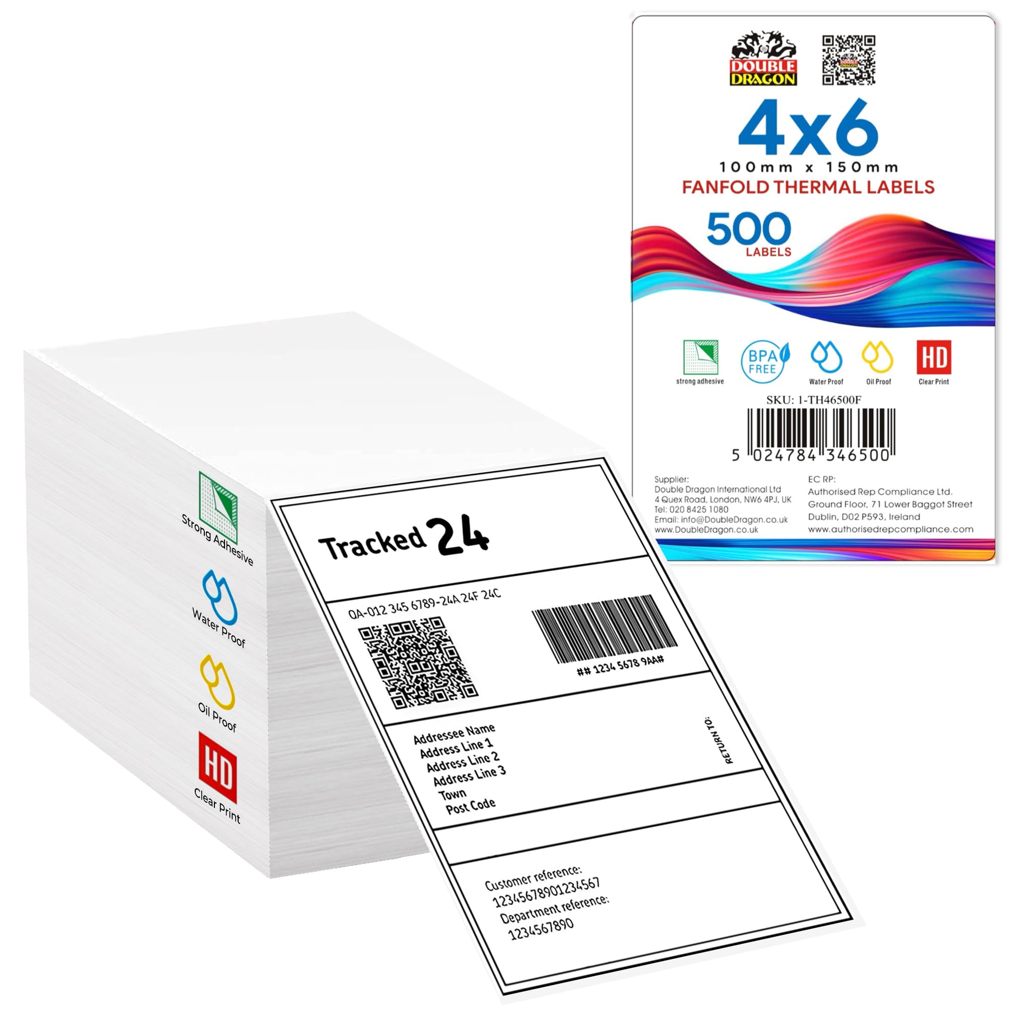 Double Dragon 100x150mm Shipping Labels | 500 Fanfold, Coated, Direct Thermal