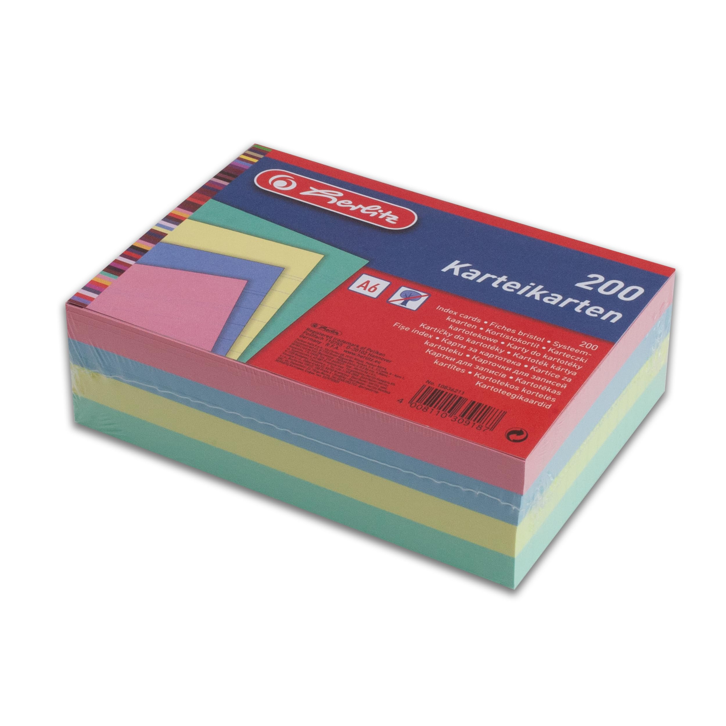 herlitz A6 Ruled Index Cards - 200 Pack Assorted Colours | 170 g/m² Acid-Free Paper 6