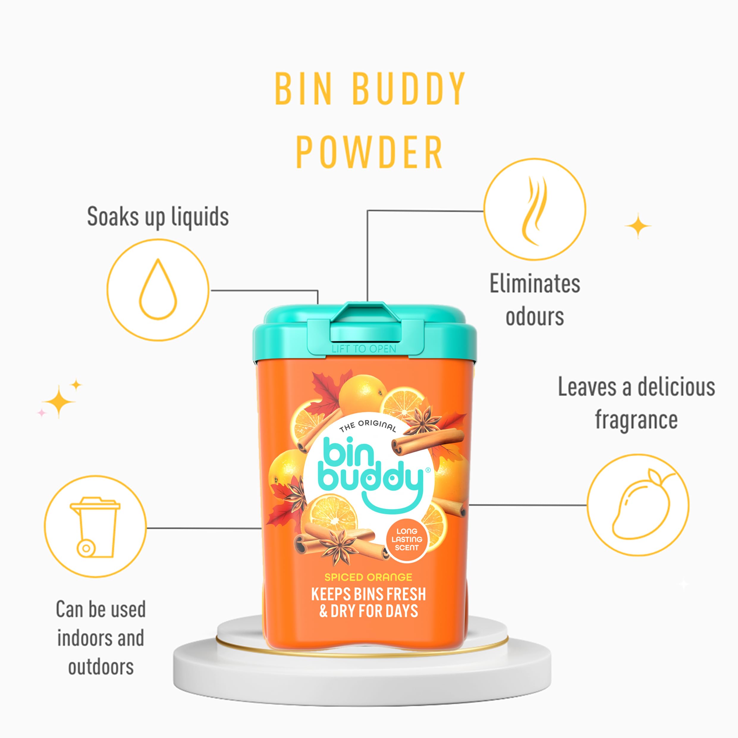 Bin Buddy Spiced Orange Air Freshener Powder - 3 Pack | Absorbs Mess | Lasts for Days 6