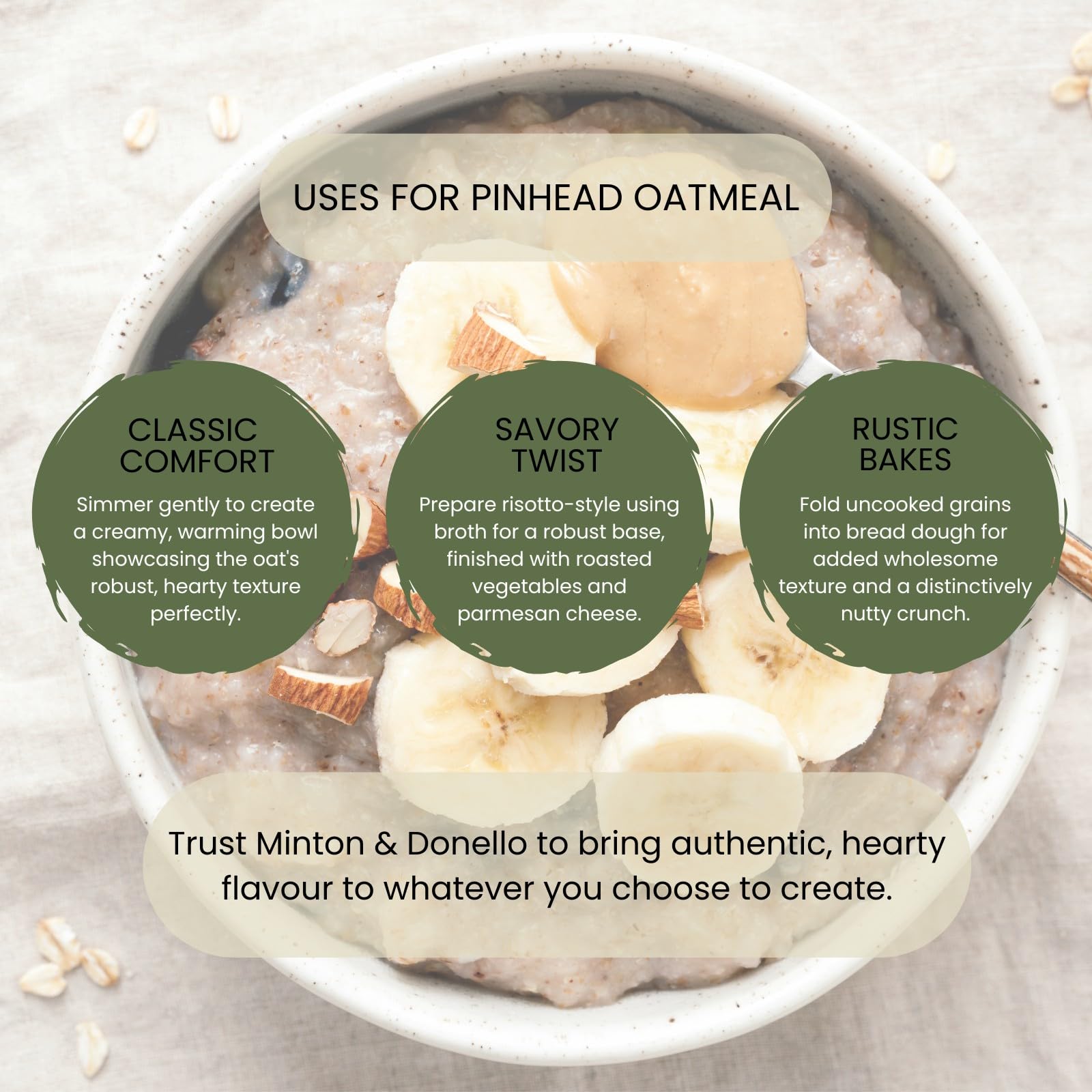 Minton & Donello Pinhead Oatmeal - Traditional Porridge & Baking Ingredient | 500g