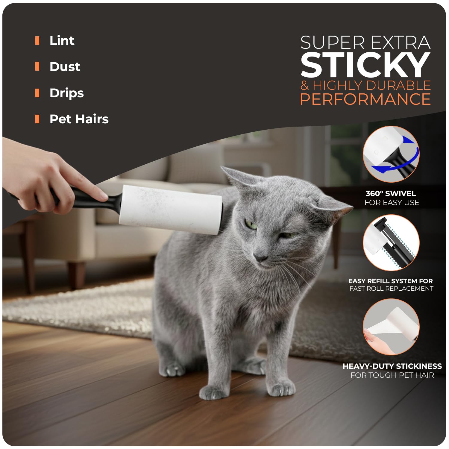 Roe Tenpo Lint Roller - 6 Pack with 1 Replacement Handle, 360 Easy Peel Sheets | Pet Hair Removal 5