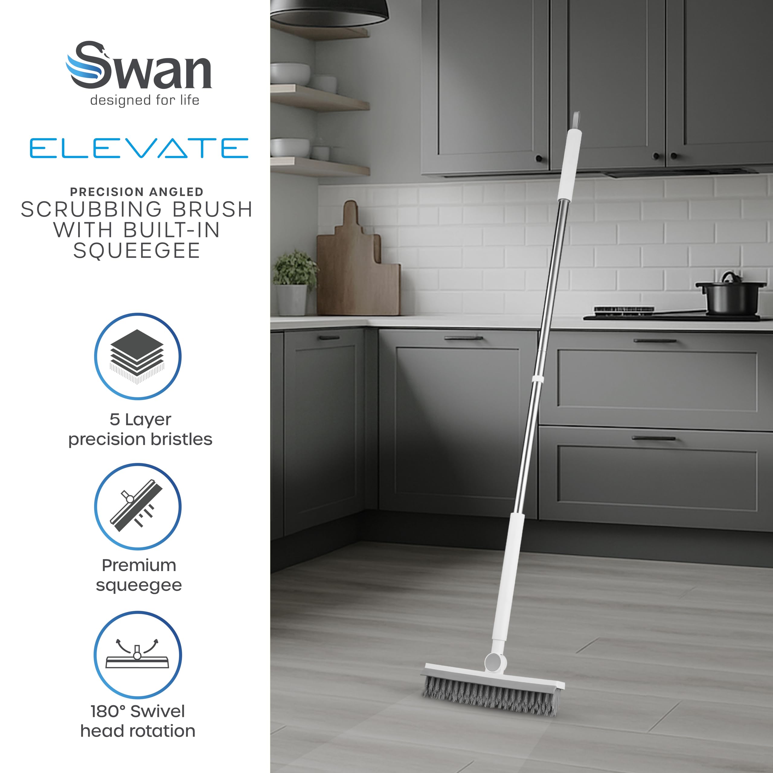 Swan Elevate Angled Floor Scrubbing Brush with Squeegee | 180° Pivoting Head | 5 Layer Bristles 2