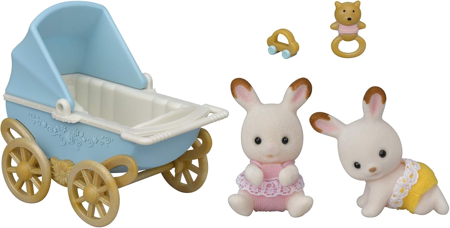 Sylvanian Families Chocolate Rabbit Twins Set - Includes Kabe & Breeze with Pram (Model 5432)