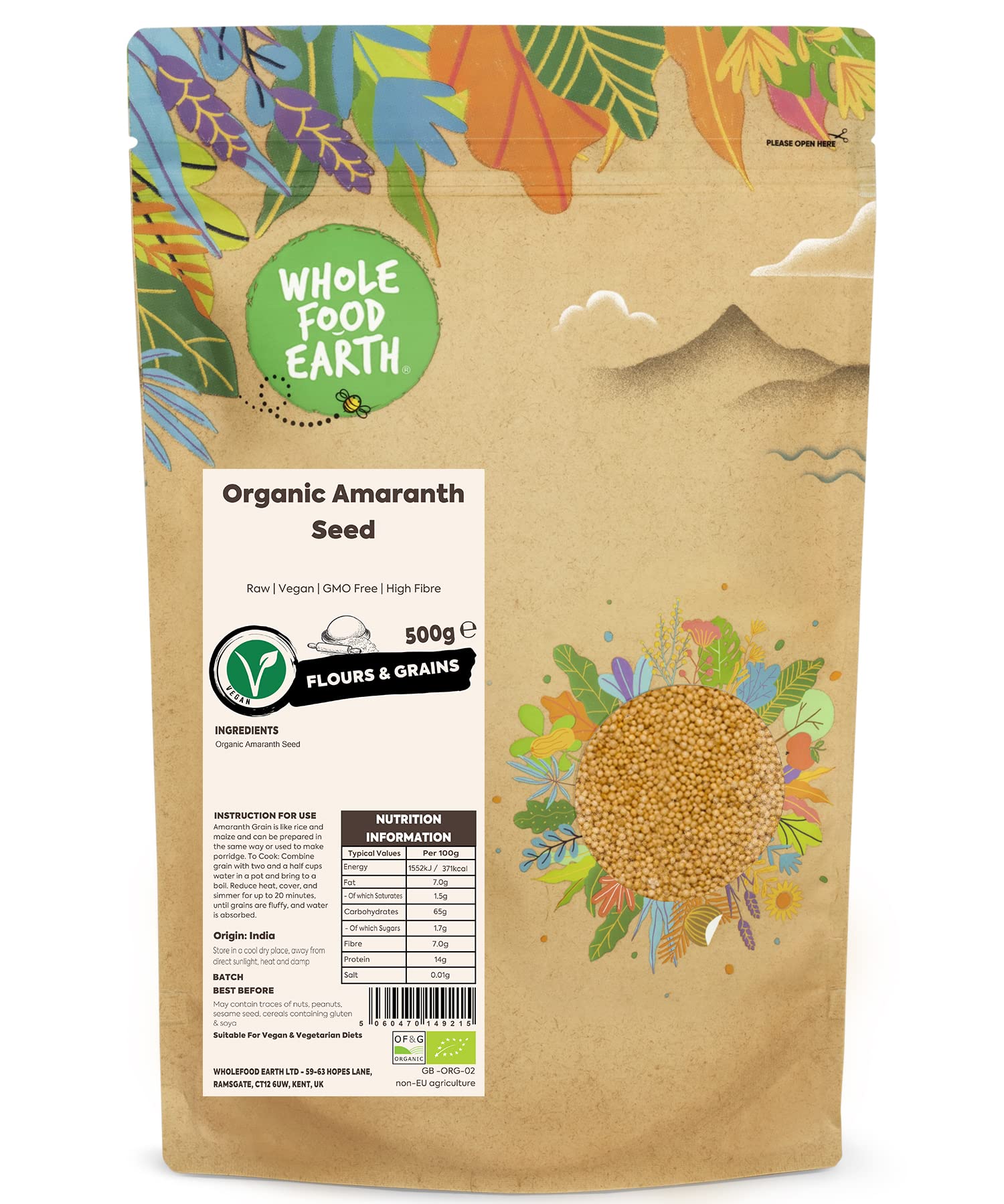 Wholefood Earth Organic Amaranth Seed - 500g | Raw | Vegan | GMO Free
