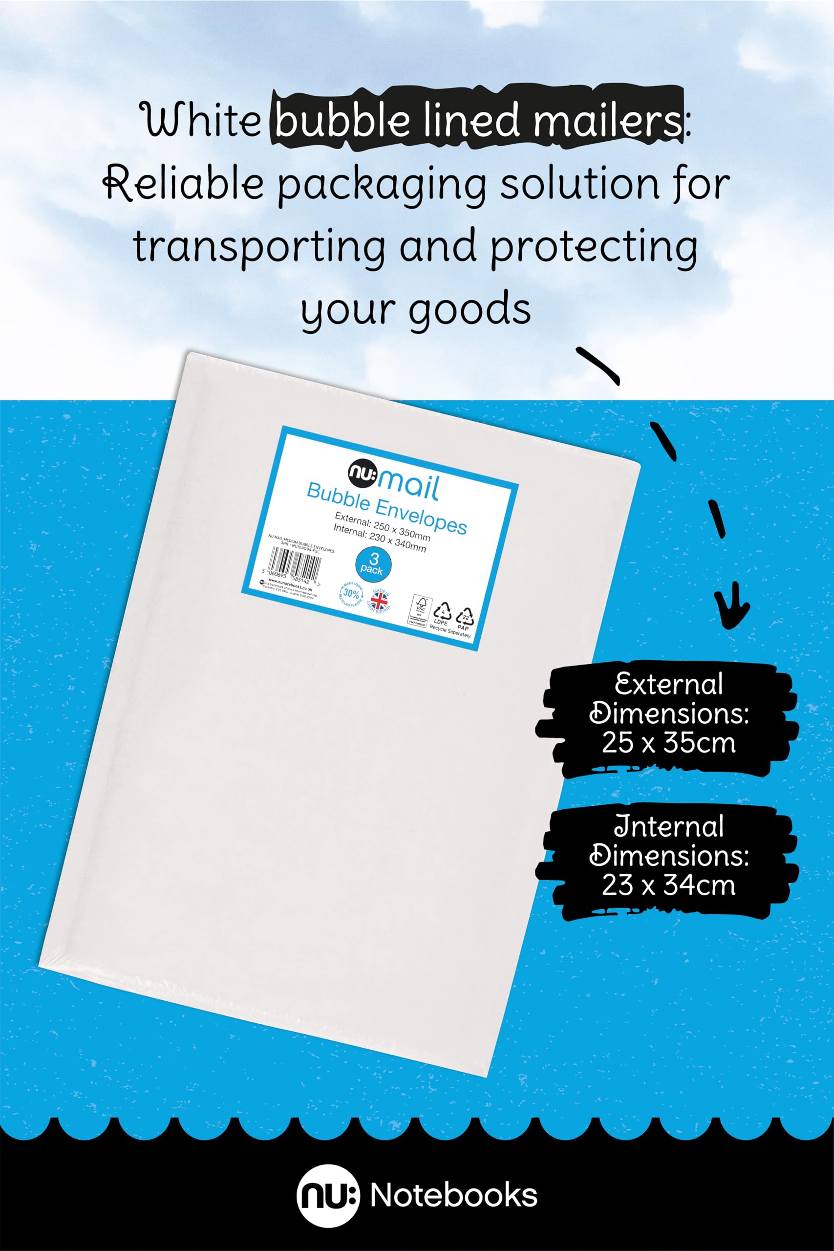 nu: Mail Padded Bubble Envelope Medium - Protective Packaging | 3 Pack | White