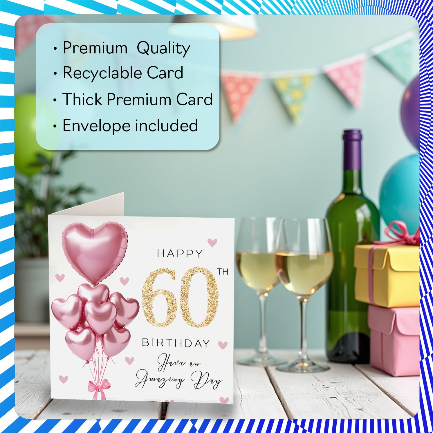 Stuff4 60th Birthday Card for Women - Pink Glitter Balloons | 145mm Square Greeting Card 3
