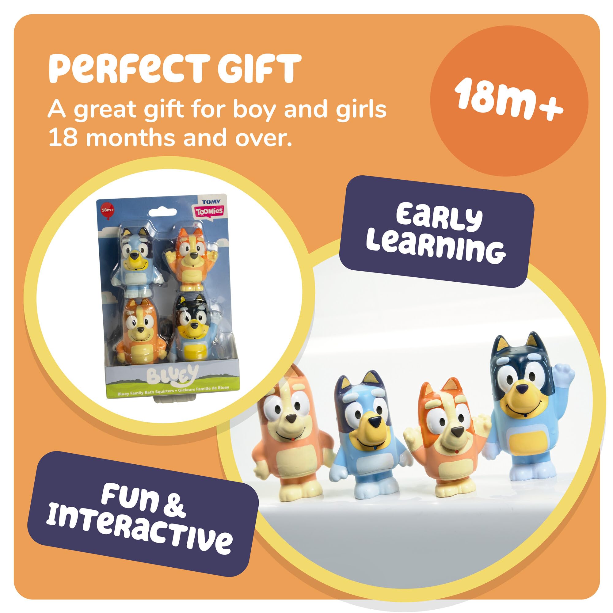 Toomies Bluey Squirter 4-Pack Bath Toy Set with Bluey, Bingo, Mum, and Dad 5