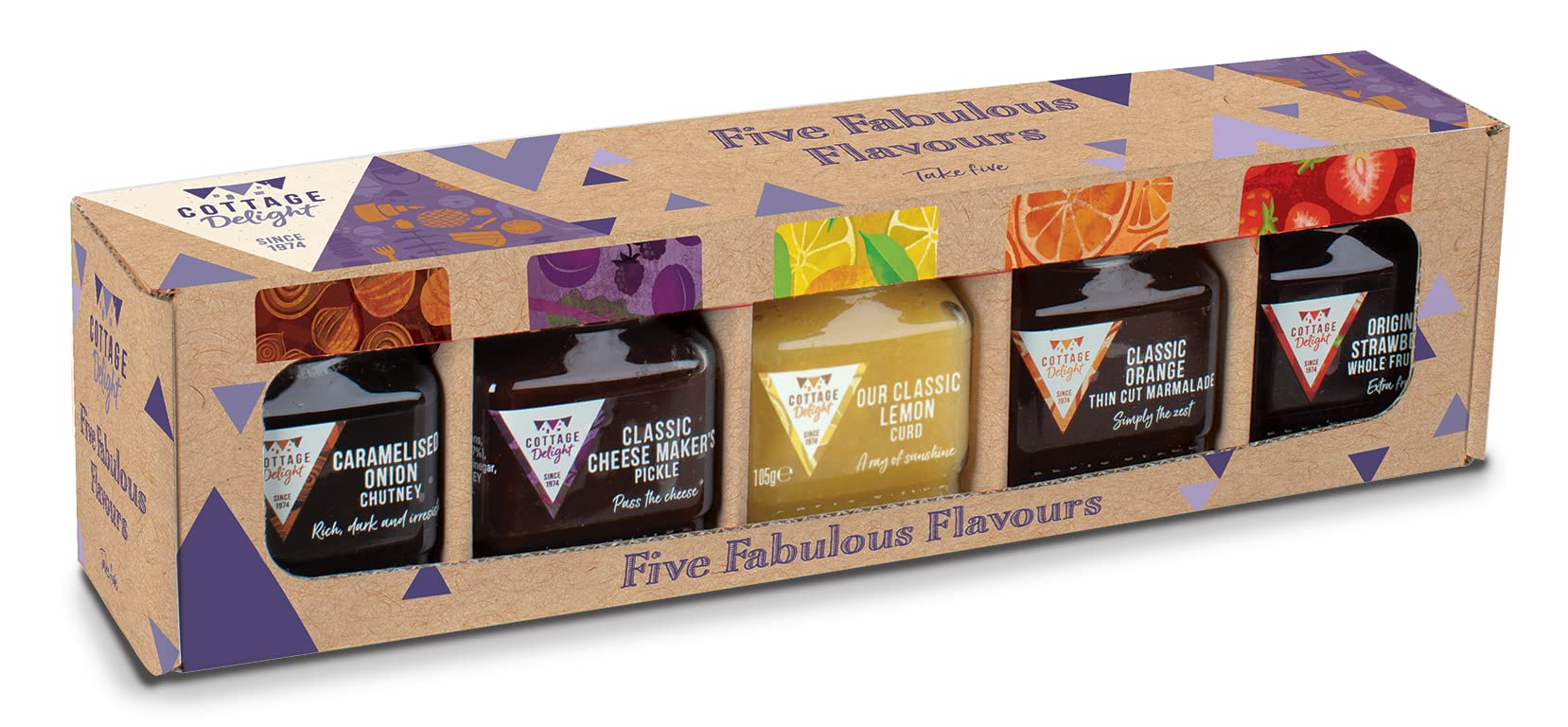 Cottage Delight Five Fabulous Flavours Gift Set - 5-Piece Collection with Caramelised Onion Chutney, Pickle, Marmalade, Lemon Curd & Strawberry Jam