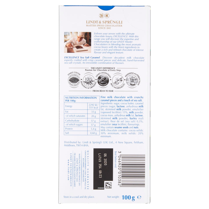 Lindt Excellence Milk Chocolate with Sea Salt & Caramel Bar, 100g