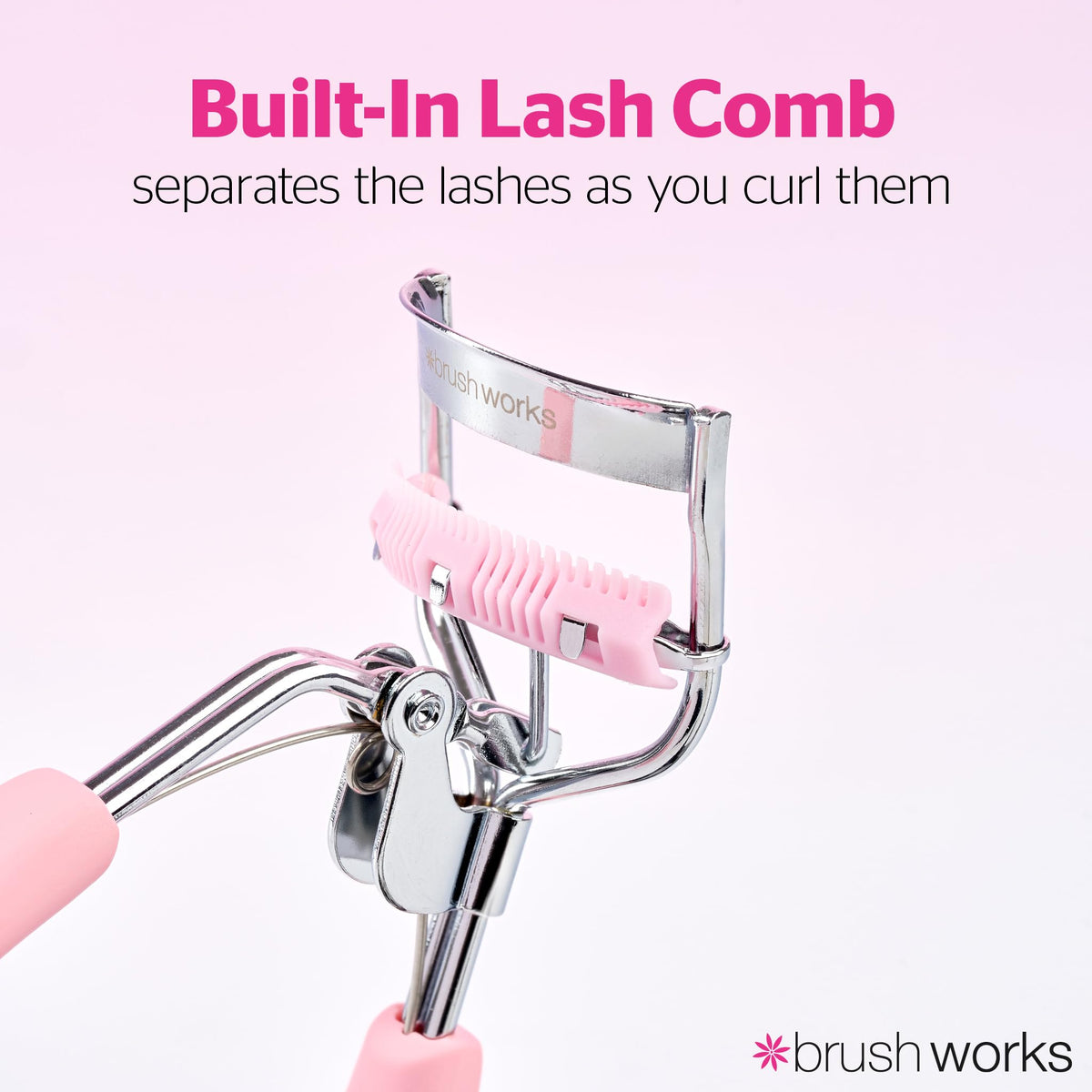Brushworks Pro Lash Curler - Built-In Comb for Defined Lashes | Stainless Steel | Pink & Silver