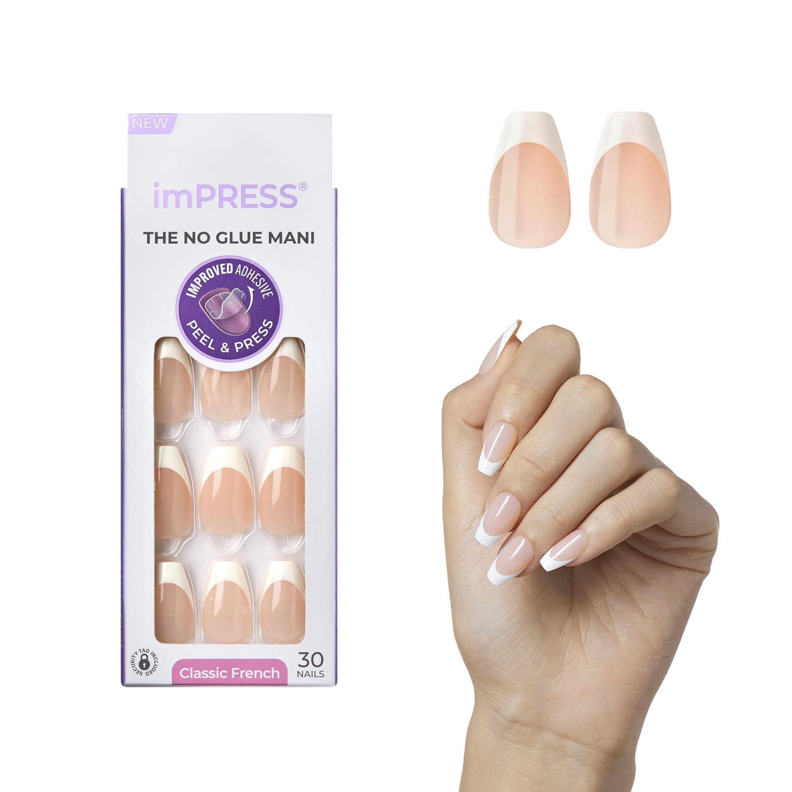 imPRESS Classic French Press-On Nails - No Glue Needed, White Tips, Medium Coffin Shape