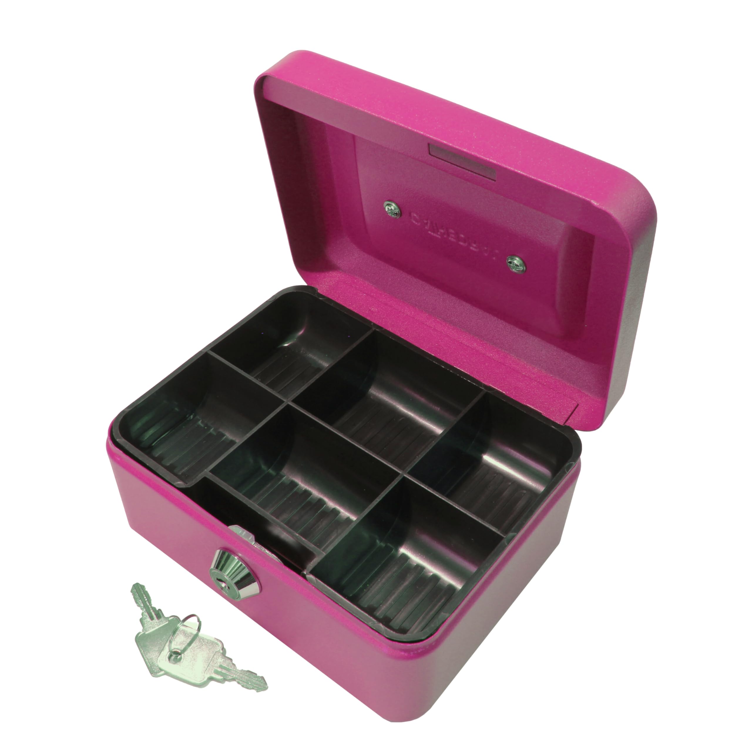 Cathedral Products Key Lockable Cash Box with 6 Compartment Coin Tray - 6 Inch - Pink