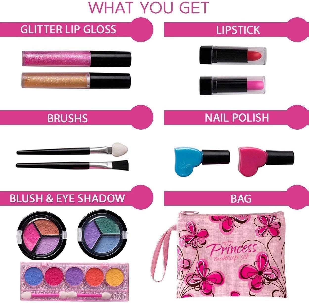 Playkidz My First Princess Washable Real Makeup Set in Pink Floral Cosmetic Bag 6