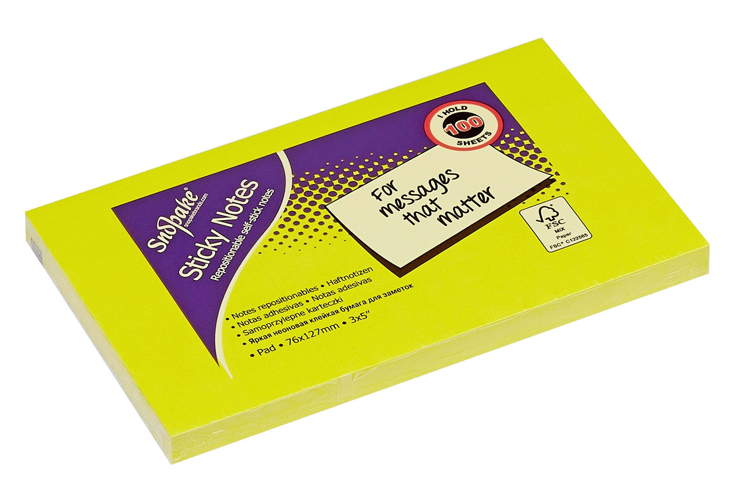Snopake Neon Assorted Sticky Notes - 127 x 76 mm | 6 Pads of 100 Sheets | FSC Certified