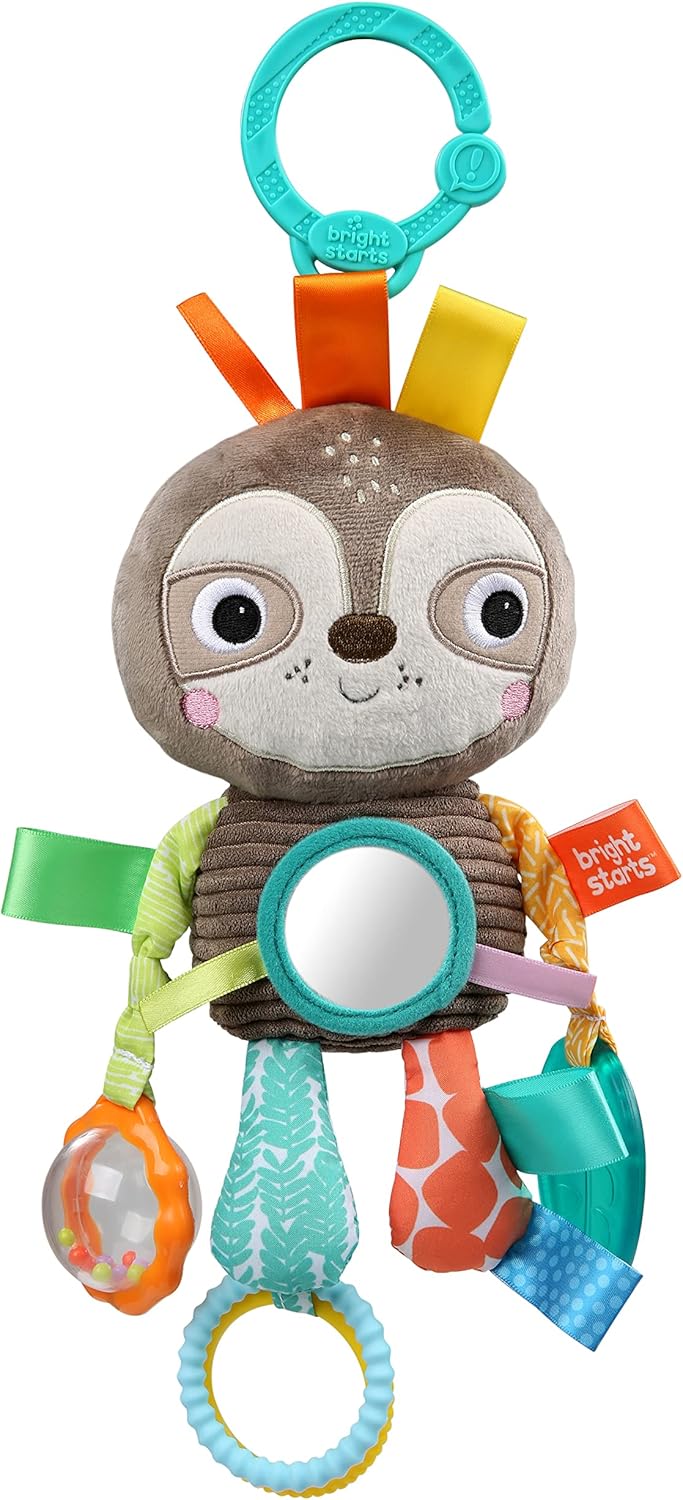 Bright Starts Sloth Plush Playful Pals Take-Along BPA-free Stroller Baby Toy, Ag 2