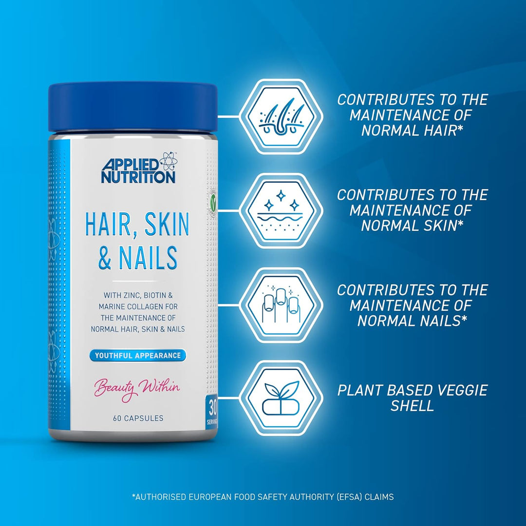 Applied Nutrition Hair, Skin, Nails - Biotin & Marine Collagen Supplement for Healthy Hair, Skin, and Nails - 60 Capsules