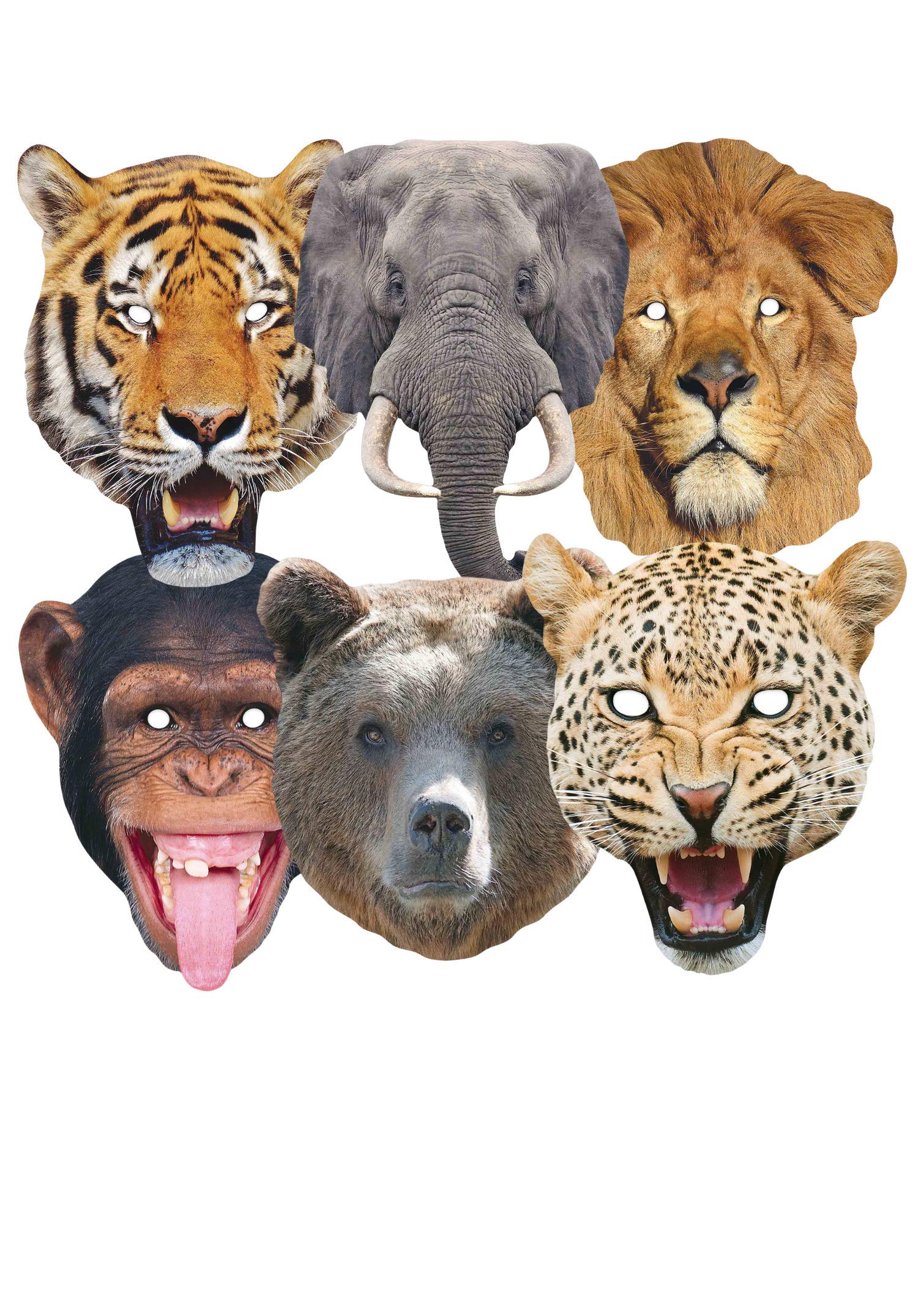STAR CUTOUTS Animal Cardboard Face Mask Pack - Lion, Tiger, Bear, Chimpanzee, Elephant, Leopard | Pack of Six 1